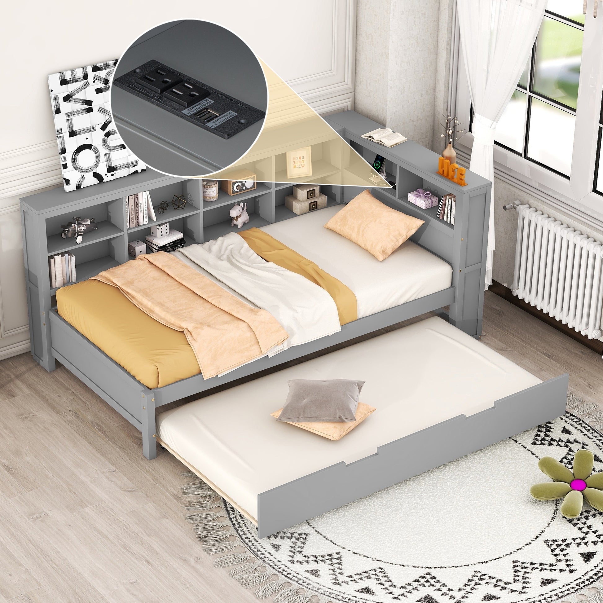 Wooden Twin Size Daybed With Twin Size Trundle, Daybed With Storage Shelf And Usb Charging Ports,Grey Twin Grey Wood