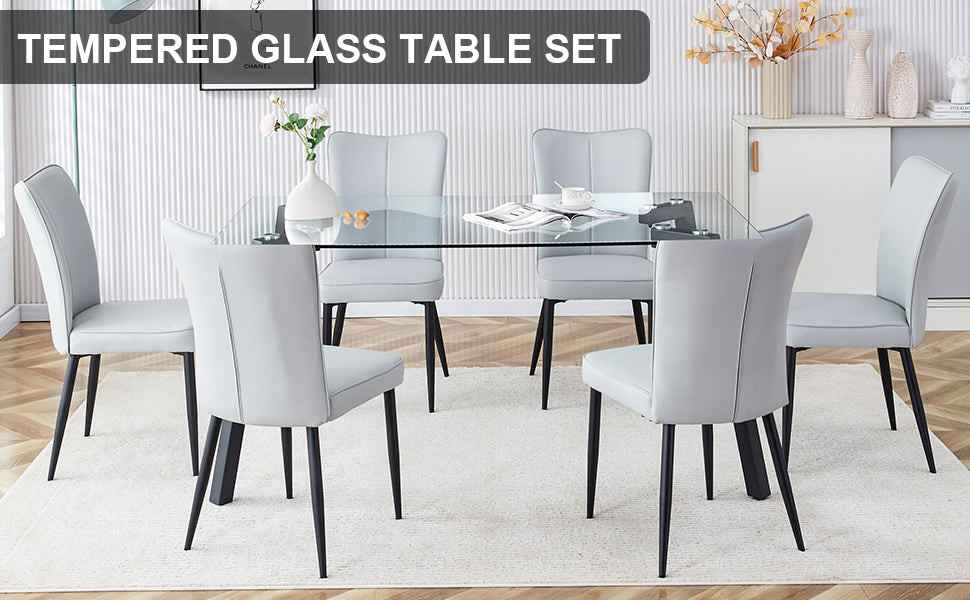 Table And Chair Set. 1 Table And 4 Light Grey Chairs. Glass Dining Table With 0.31 Inch Tempered Glass Tabletop And Black Coated Metal Legs. Equipped With Light Grey Pu Chairs 1123 008 Transparent Glass