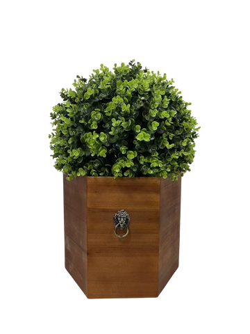 24" Ball Topiary In Redwood Pot, Artificial Faux Plant For Indoor And Outdoor Green Plastic