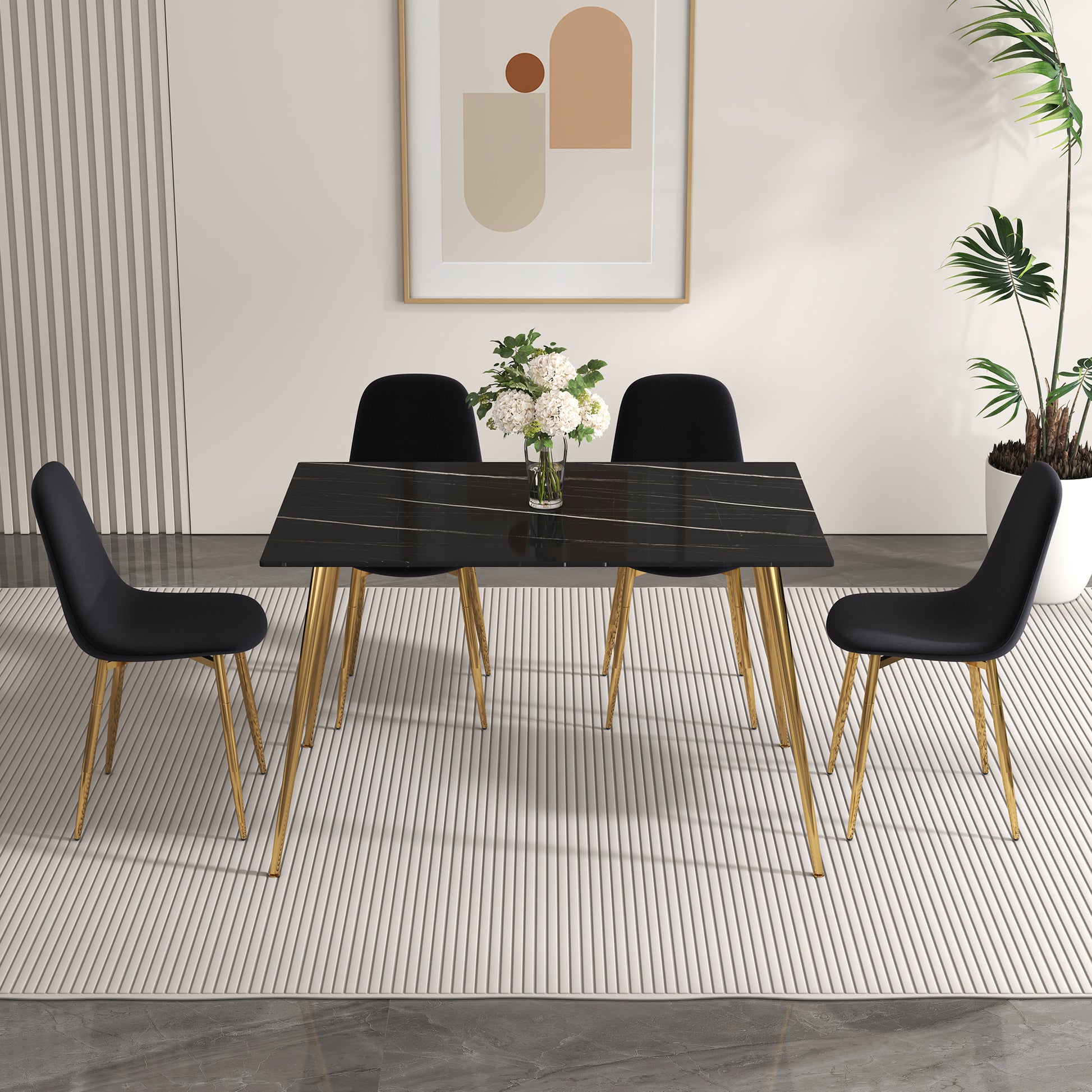 Modern Minimalist Rectangular Black Imitation Marble Dining Table, 0.3 Inches Thick, Gold Color Metal Legs, Suitable For Kitchen, Dining Room, And Living Room 51.2"* 31.5" * 29.8 "Dt 1544 Black Glass