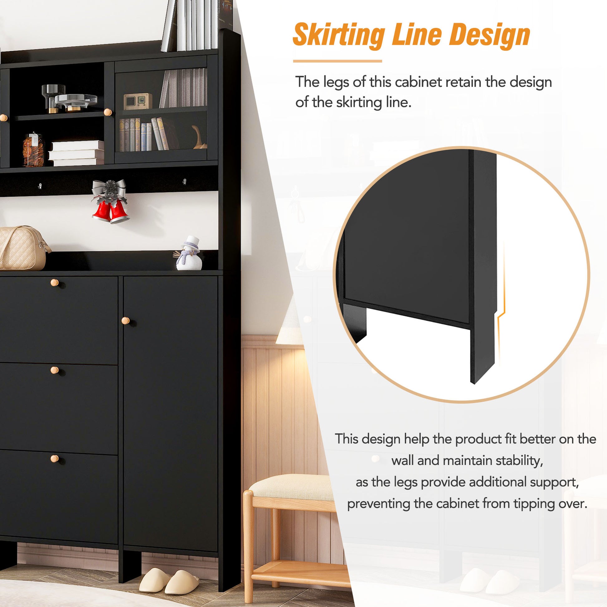 Contemporary Shoe Cabinet With Open Storage Platform, Tempered Glass Hall Tree With 3 Flip Drawers, Versatile Tall Cabinet With 4 Hanging Hooks For Hallway, Black 3 4 Drawers Black Primary Living Space Adjustable Shelves Particle Board