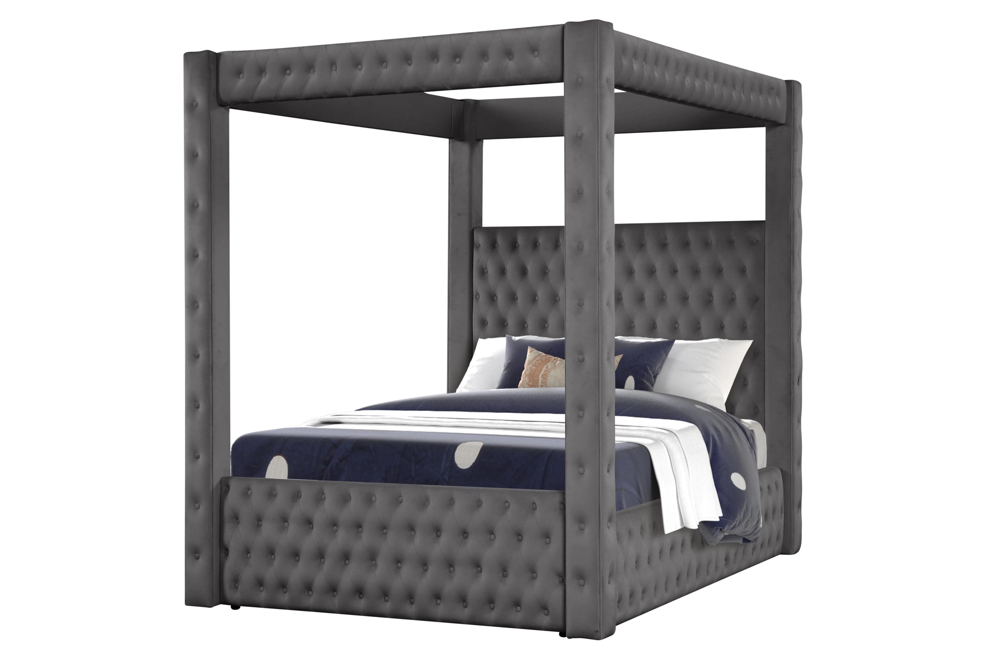 Monica Luxurious Four Poster King 4 Pc Bedroom Set Made With Wood In Gray Box Spring Not Required King Gray Wood 4 Piece Set Bedroom Bed Included,Dresser Included,Mirror Included,Nightstand Included Modern Upholstered Velvet Tufted Wood