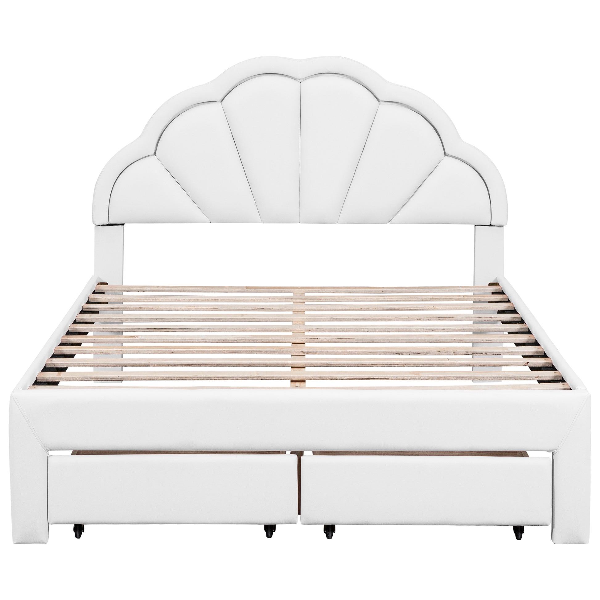 Full Size Upholstered Platform Bed With Seashell Shaped Headboard, Led And 2 Drawers, White Box Spring Not Required Full White Wood Bedroom Bed Frame Faux Leather Upholstered