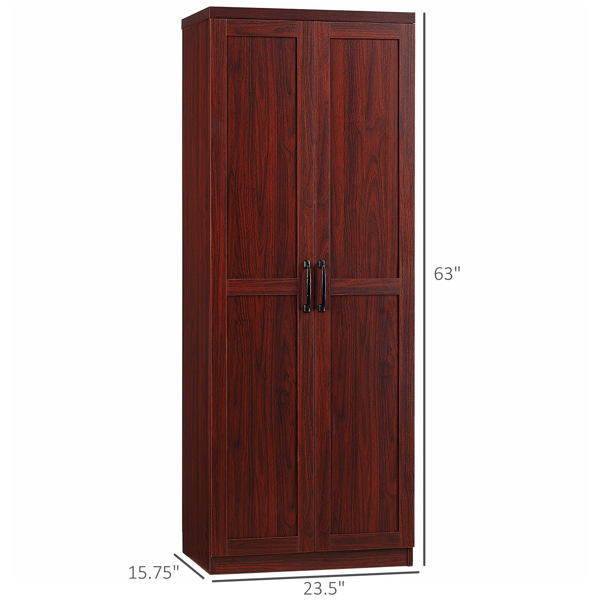 63" 2 Door Kitchen Pantry, Freestanding Storage Cabinet With 5 Tier Shelving And 2 Adjustable Shelves For Dining Room, Cherry Wood Color Espresso Particle Board