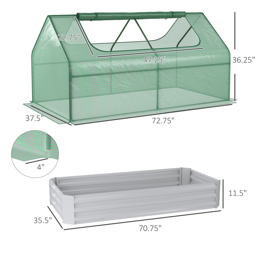 6' X 3' Galvanized Raised Garden Bed With Mini Pe Greenhouse Cover, Outdoor Metal Planter Box With 2 Roll Up Windows For Growing Flowers, Fruits, Vegetables And Herbs, Light Gray Light Gray Polyethylene