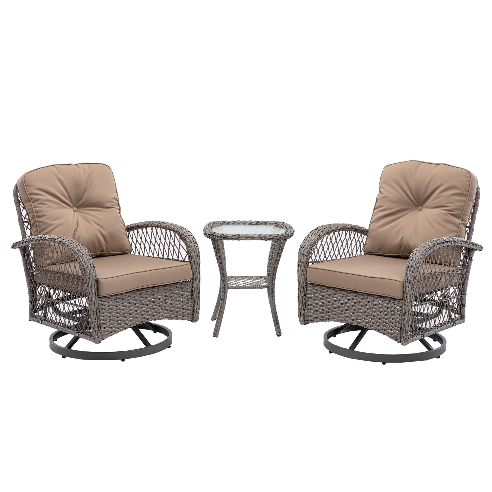 3 Pieces Outdoor Swivel Rocker Patio Chairs, 360 Degree Rocking Patio Conversation Set With Thickened Cushions And Glass Coffee Table For Backyard, Khaki Khaki Steel