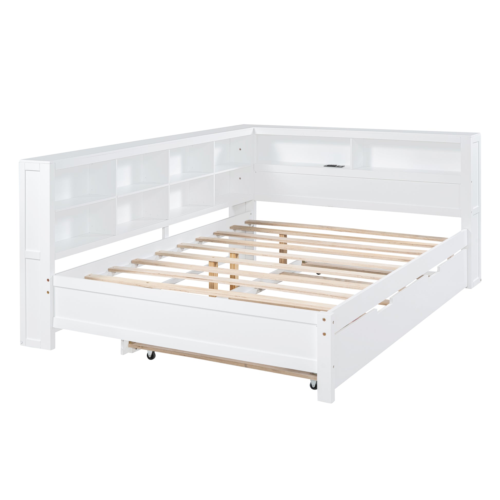 Wooden Full Size Daybed With Twin Size Trundle, Daybed With Storage Shelf And Usb Charging Ports,White Full White Wood