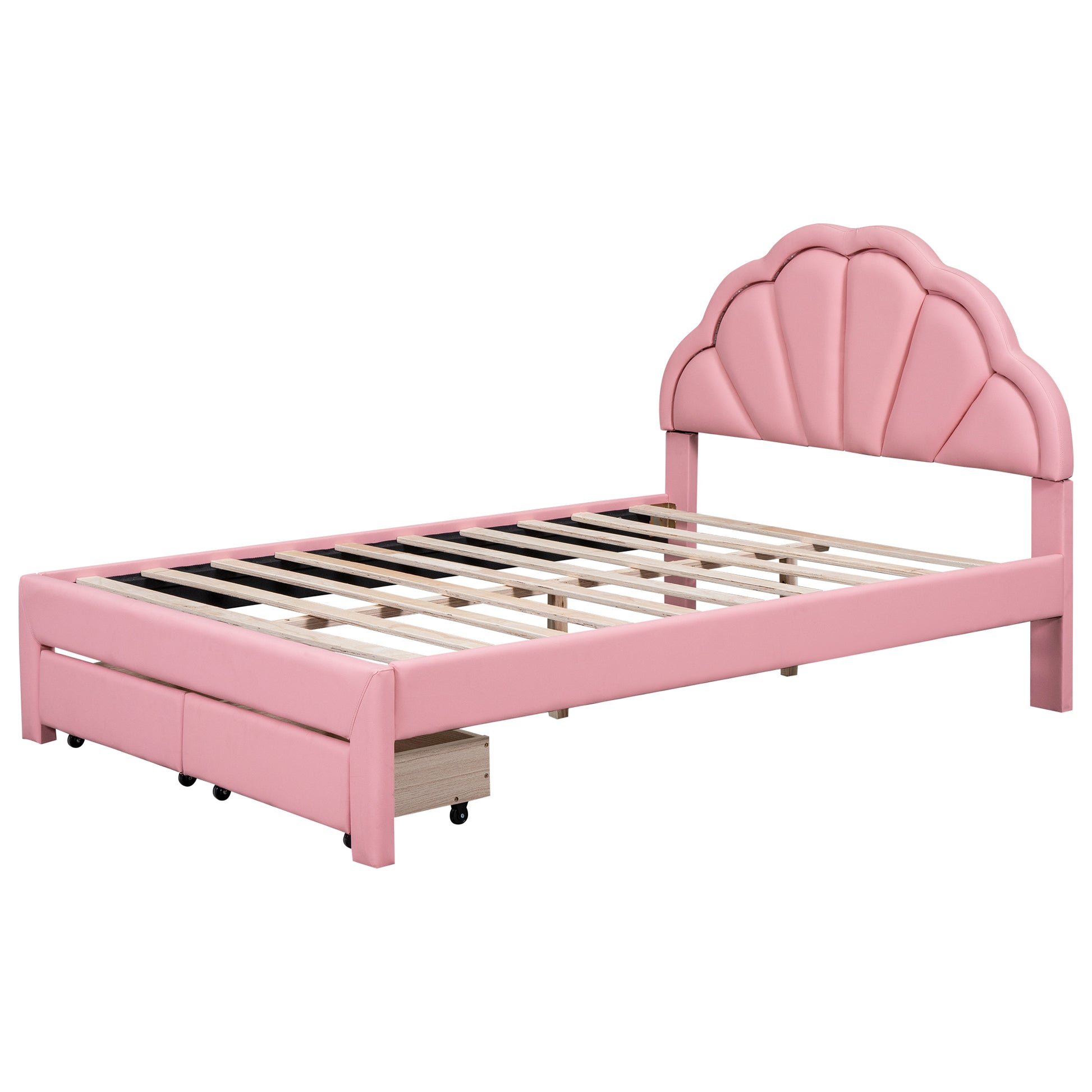 Full Size Upholstered Platform Bed With Seashell Shaped Headboard, Led And 2 Drawers, Pink Box Spring Not Required Full Pink Wood Bedroom Bed Frame Faux Leather Upholstered