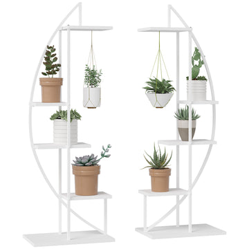 5 pot plant stand 5 Tier Metal Plant Stand With Hangers, Half Moon Shape Flower Pot Display Shelf For Living Room Patio Garden Balcony Decor, White White Metal