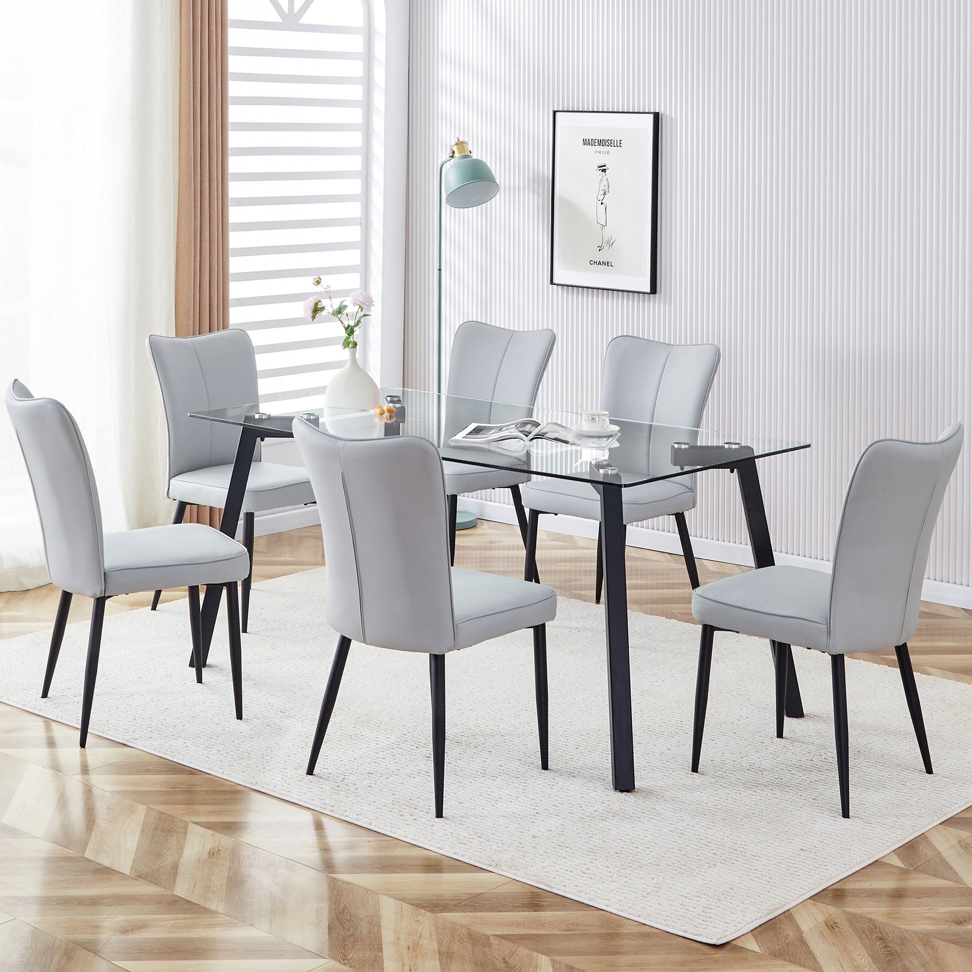 Table And Chair Set. 1 Table And 4 Light Grey Chairs. Glass Dining Table With 0.31 Inch Tempered Glass Tabletop And Black Coated Metal Legs. Equipped With Light Grey Pu Chairs 1123 008 Transparent Glass