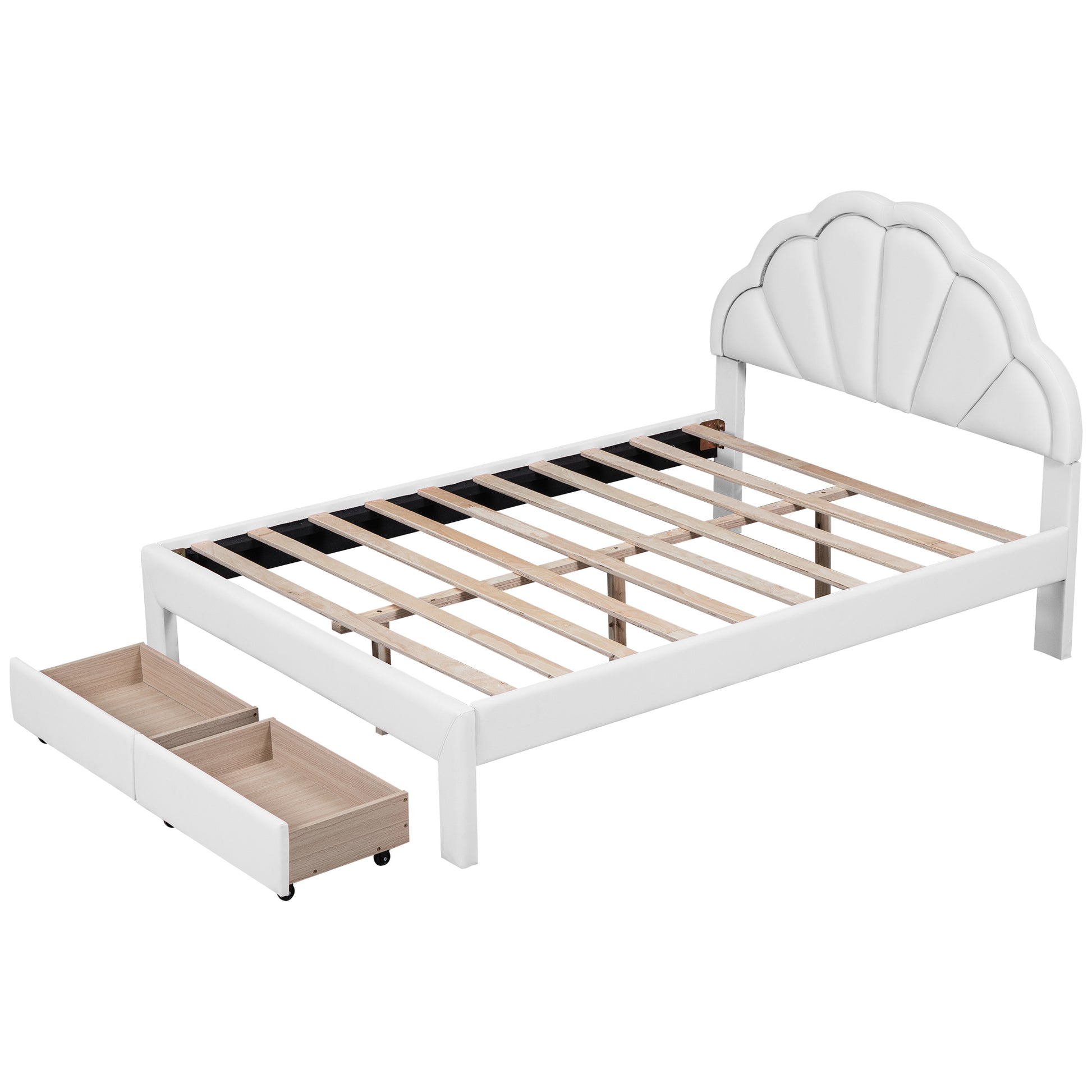 Full Size Upholstered Platform Bed With Seashell Shaped Headboard, Led And 2 Drawers, White Box Spring Not Required Full White Wood Bedroom Bed Frame Faux Leather Upholstered