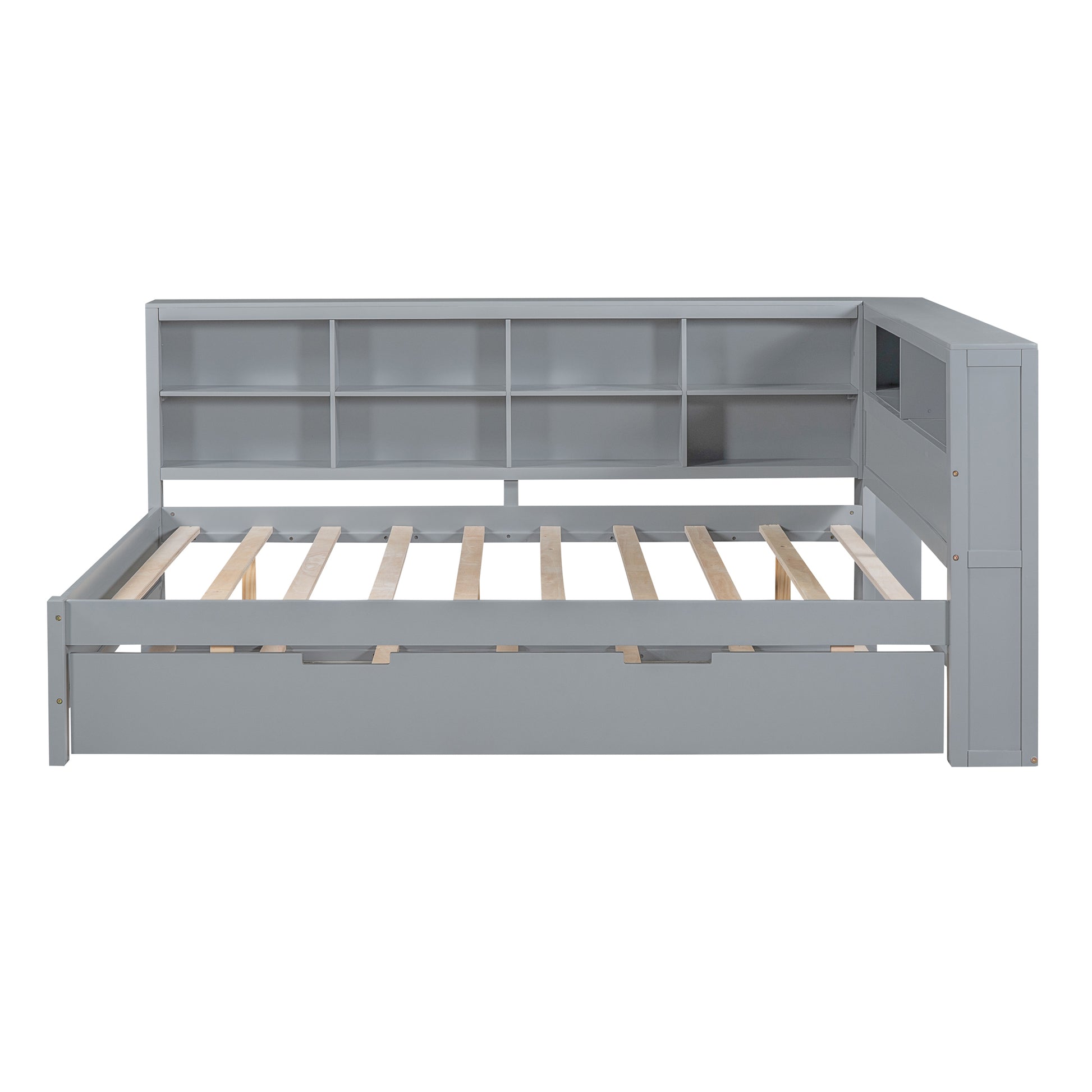 Wooden Full Size Daybed With Twin Size Trundle, Daybed With Storage Shelf And Usb Charging Ports,Grey Full Grey Wood