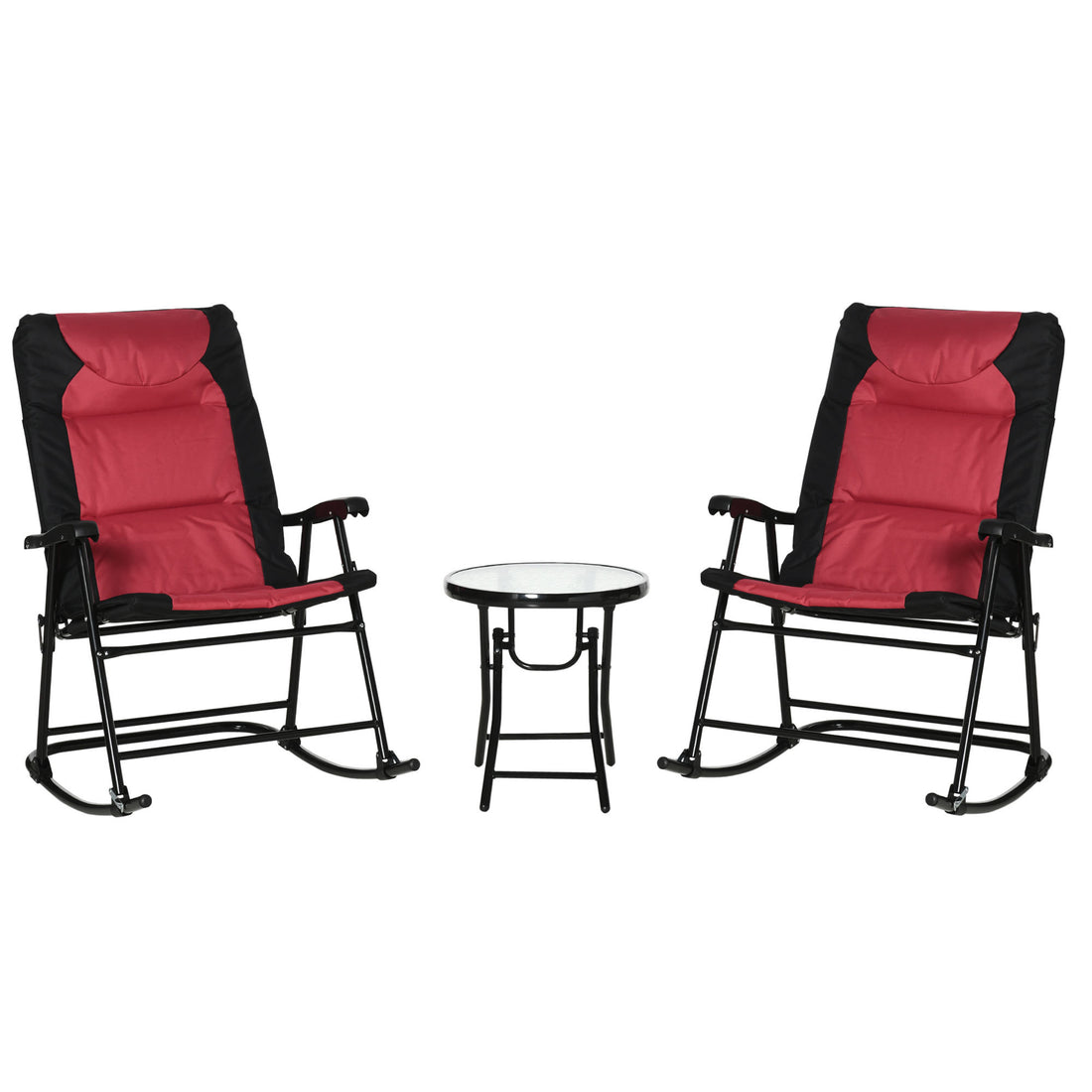 3 Piece Outdoor Patio Furniture Set With Glass Coffee Table & 2 Folding Padded Rocking Chairs, Bistro Style For Porch, Camping, Balcony, Red Red Metal