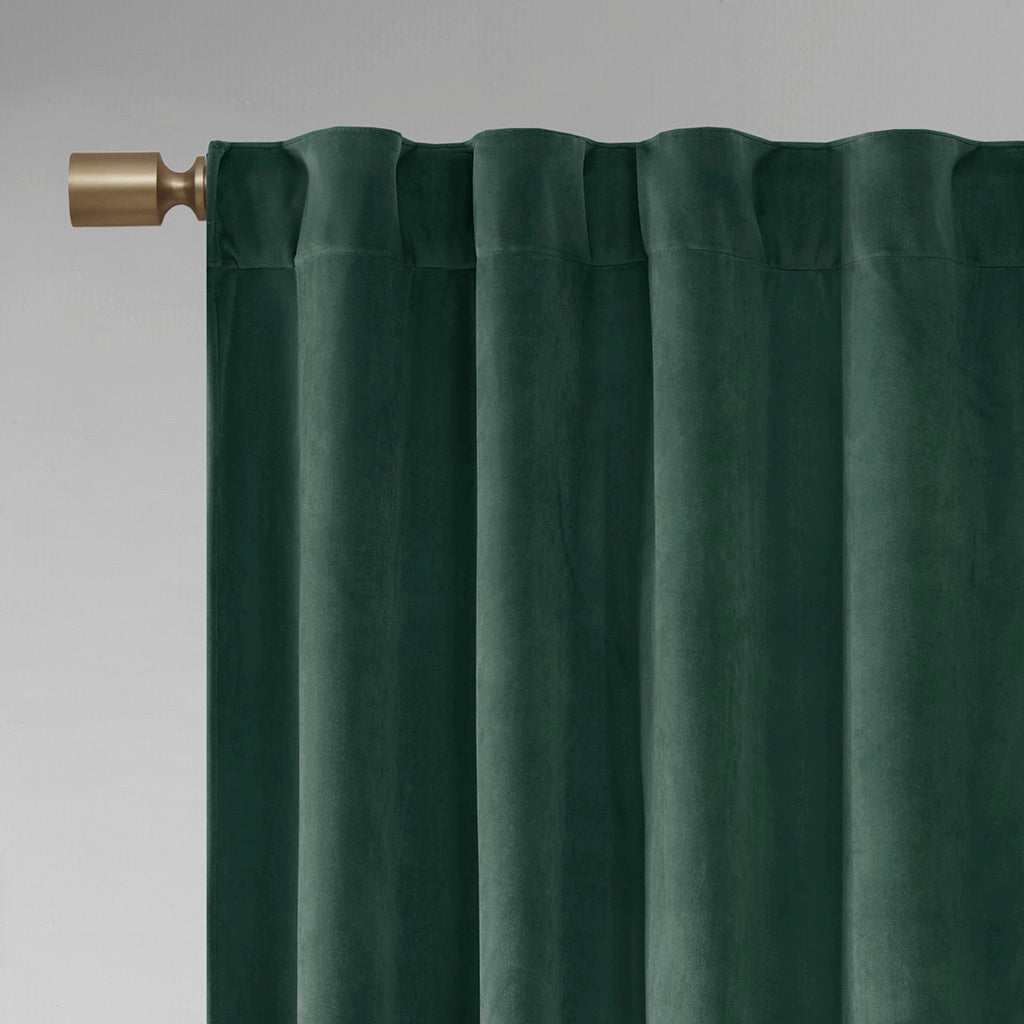 Room Darkening Poly Velvet Rod Pocket Back Tab Curtain Panel Pair 2 Pcs Window Panels Green Polyester