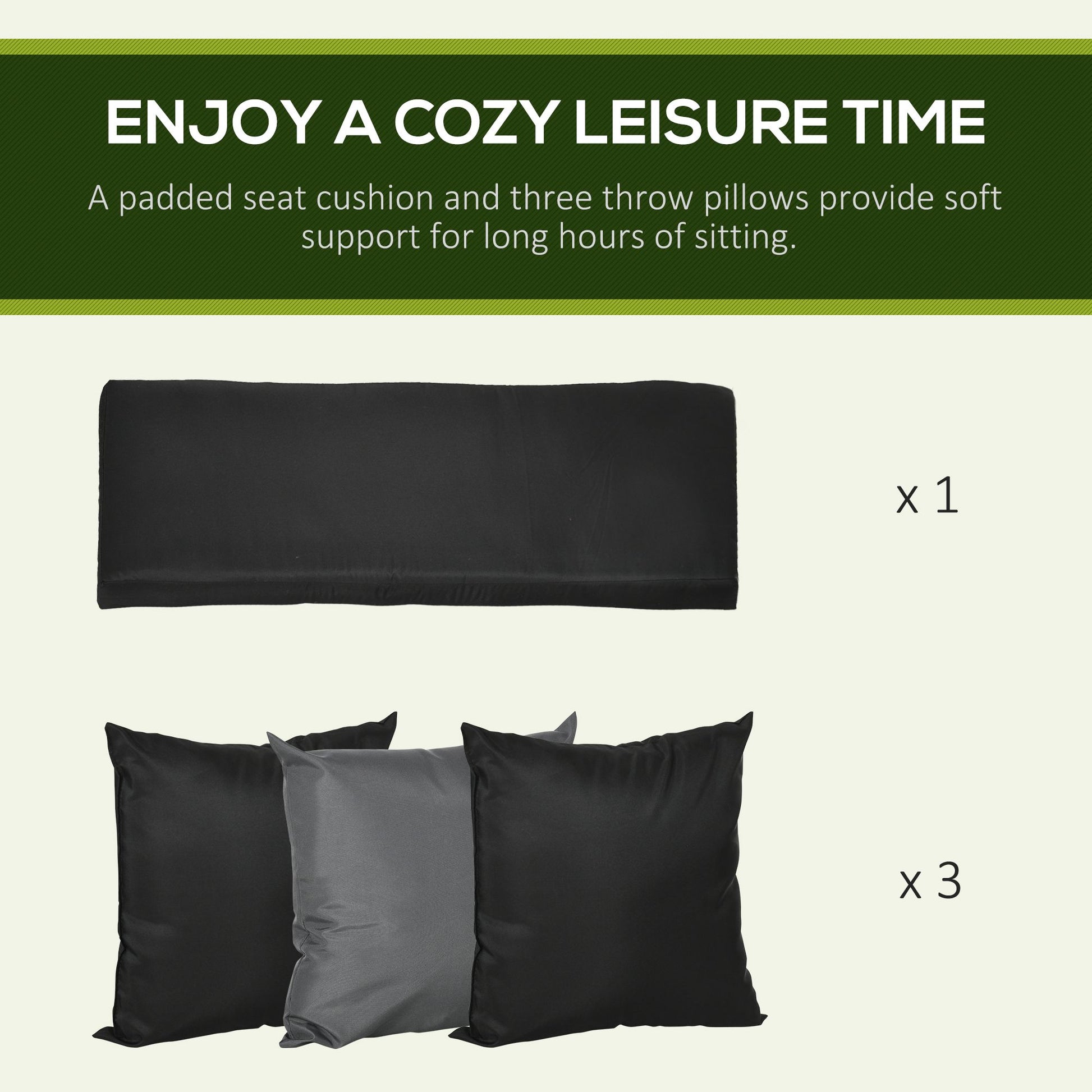 3 Seat Patio Swing Chair, Porch Swing Glider With Cushion, 3 Throw Pillows & Adjustable Canopy For Porch, Garden, Poolside, Backyard, Black Black Steel