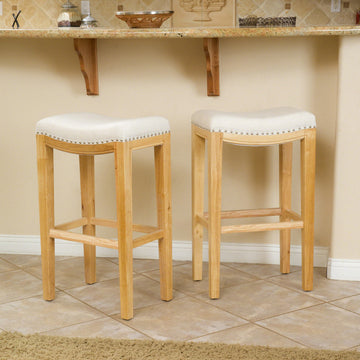 Tiffin Studded Barstool Beige Natural Wood Fabric