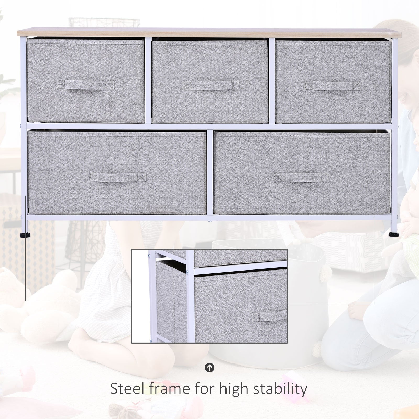 40" L 5 Drawer Horizontal Storage Cube Dresser Unit Bedroom Organizer Livingroom Shelf Tower With Fabric Bins Grey Steel