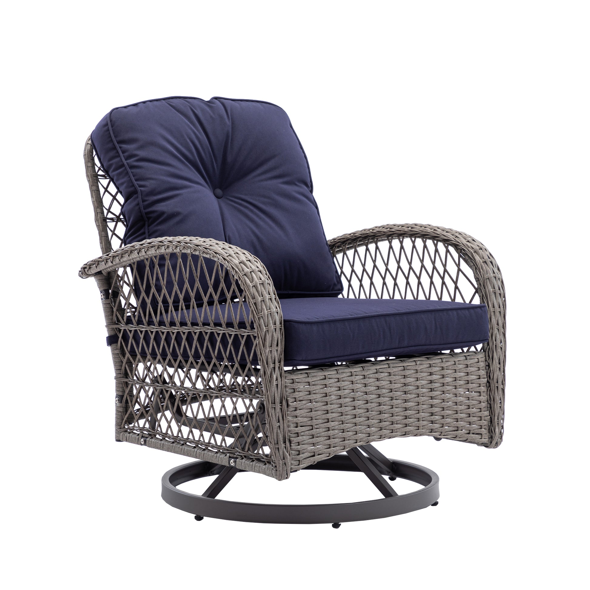 3 Pieces Outdoor Swivel Rocker Patio Chairs, 360 Degree Rocking Patio Conversation Set With Thickened Cushions And Glass Coffee Table For Backyard, Navy Blue Navy Blue Steel