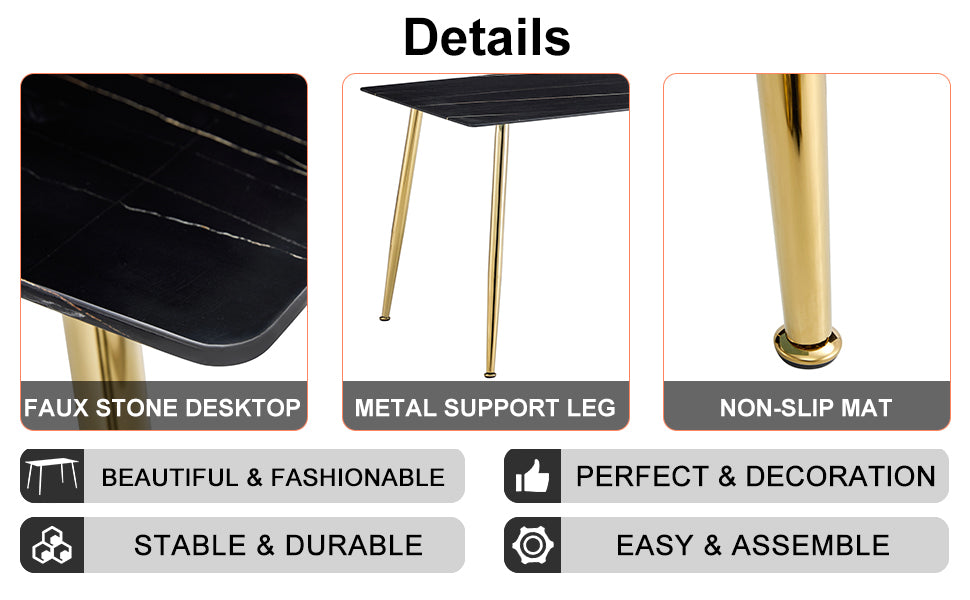 Modern Minimalist Rectangular Black Imitation Marble Dining Table, 0.3 Inches Thick, Gold Color Metal Legs, Suitable For Kitchen, Dining Room, And Living Room 51.2"* 31.5" * 29.8 "Dt 1544 Black Glass