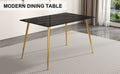 Modern Minimalist Rectangular Black Imitation Marble Dining Table, 0.3 Inches Thick, Gold Color Metal Legs, Suitable For Kitchen, Dining Room, And Living Room 51.2