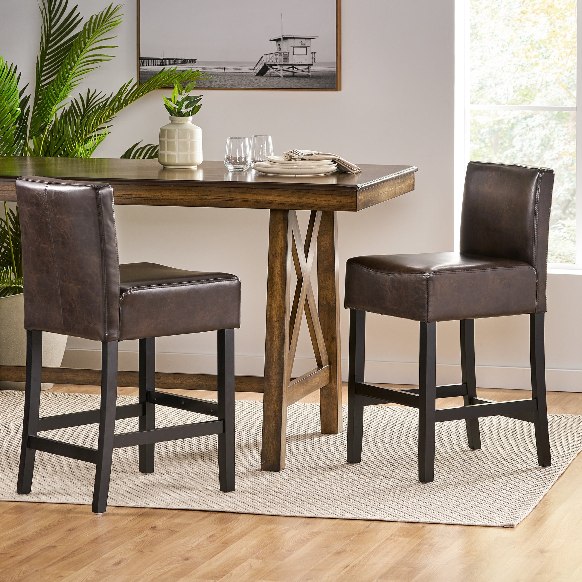 Set Of 2 26" Portman Bonded Leather Counter Height Barstool, Brown Brown Set Of 2 Leather