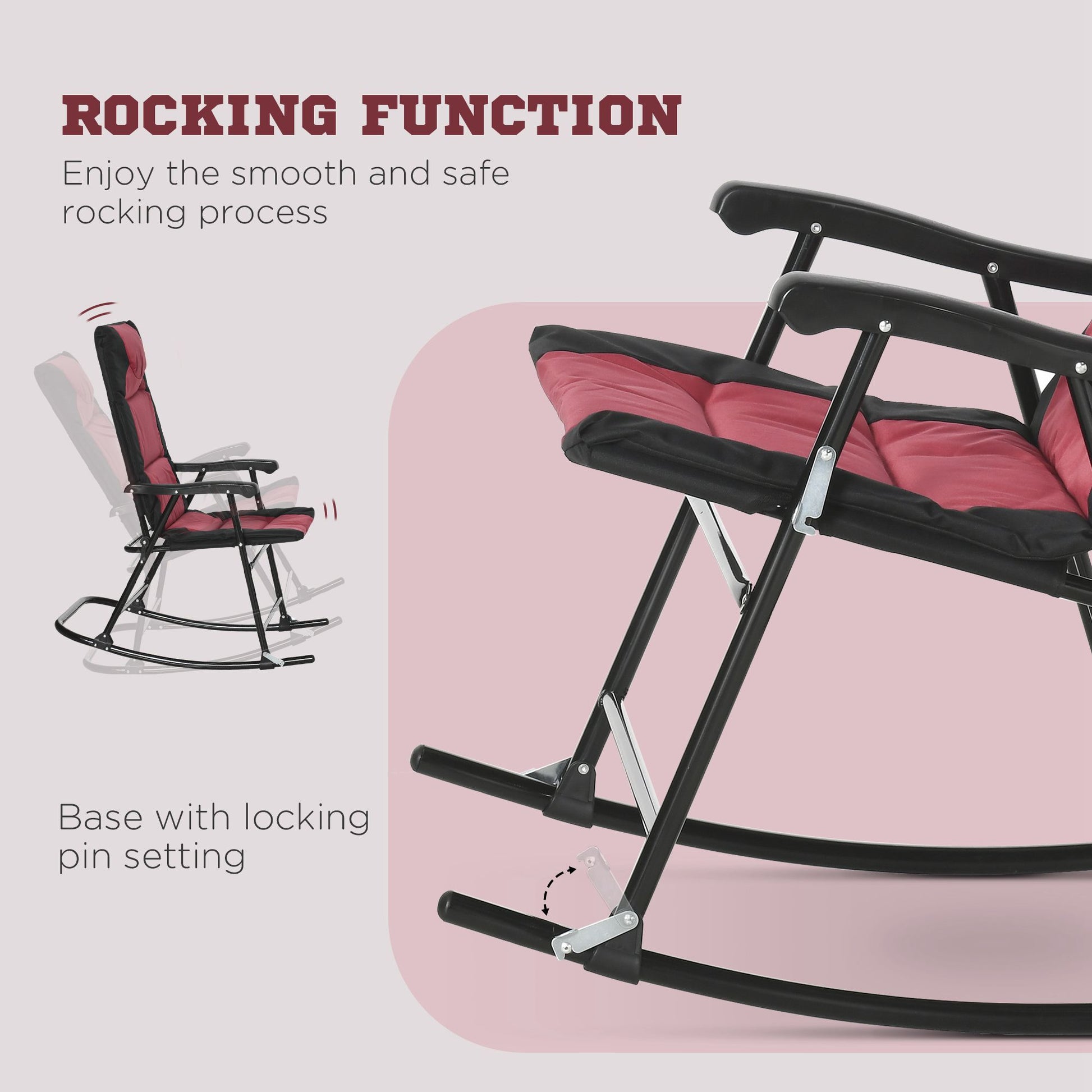 3 Piece Outdoor Patio Furniture Set With Glass Coffee Table & 2 Folding Padded Rocking Chairs, Bistro Style For Porch, Camping, Balcony, Red Red Metal