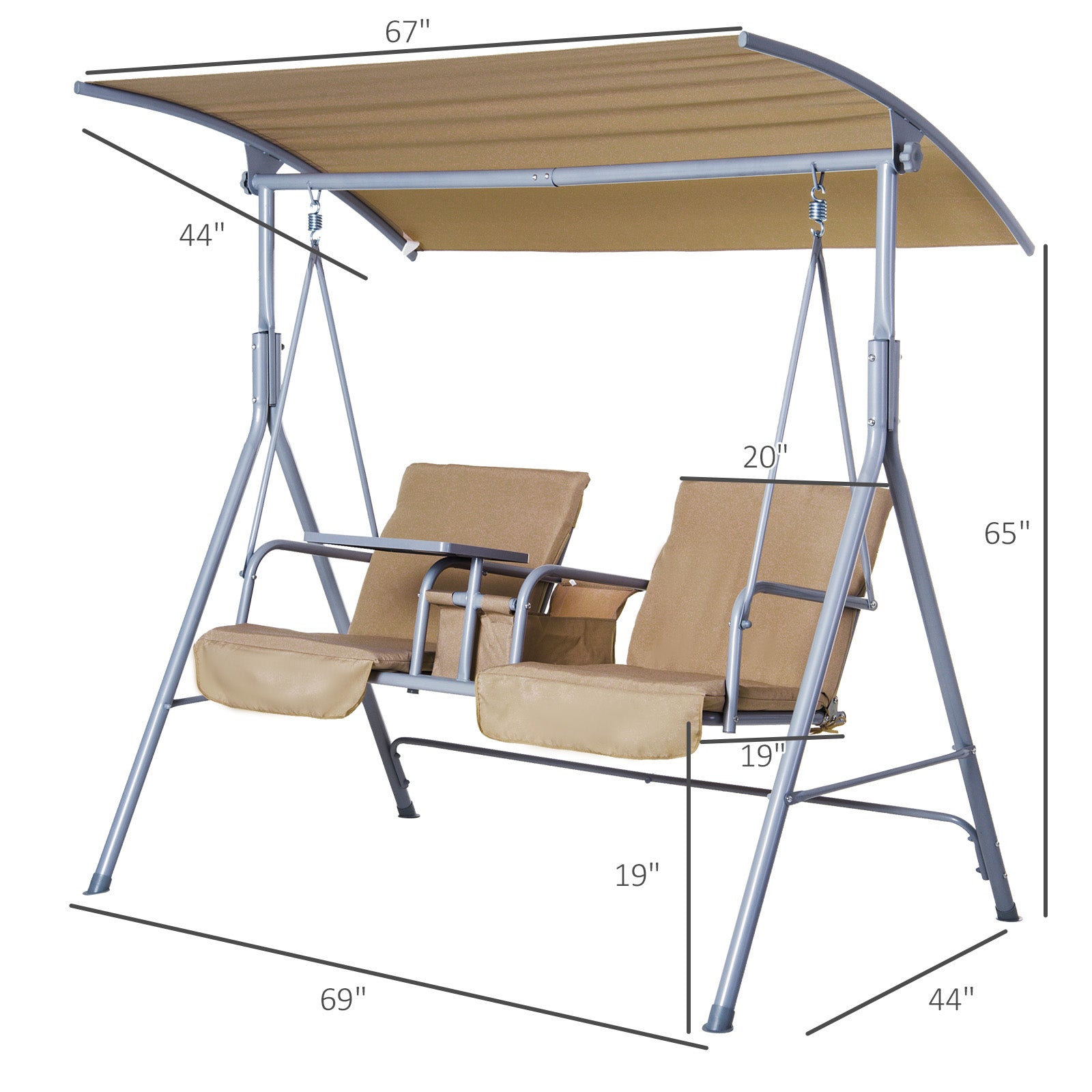 2 Person Porch Swing With Stand, Outdoor Swing With Canopy, Pivot Storage Table, 2 Cup Holders, Cushions For Patio, Backyard, Beige Beige Steel