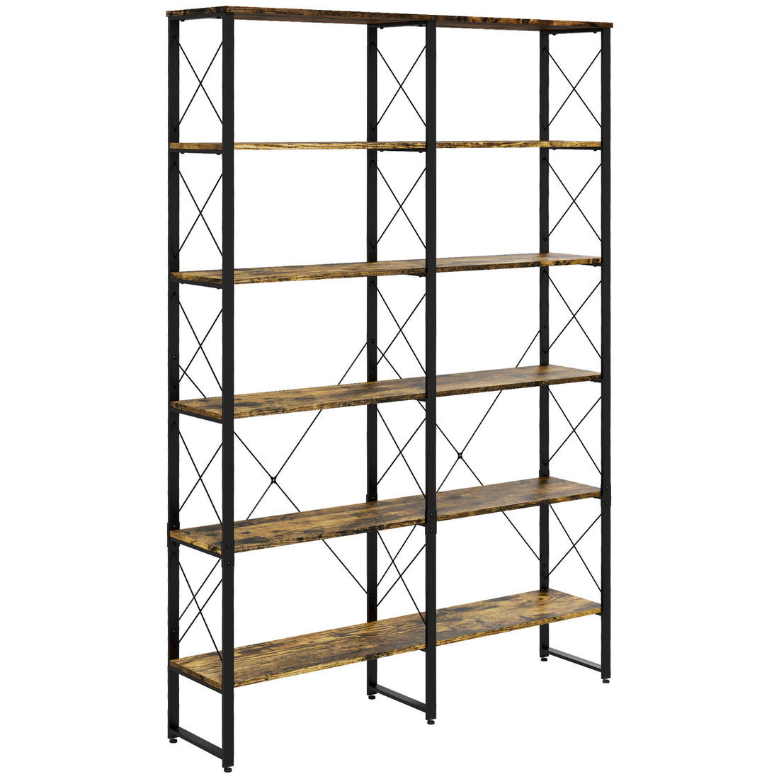 5 Tier Bookshelf With Steel Frame, Bookcase With Adjustable Foot Pads For Living Room, Home Office, Rustic Brown Rustic Brown Particle Board