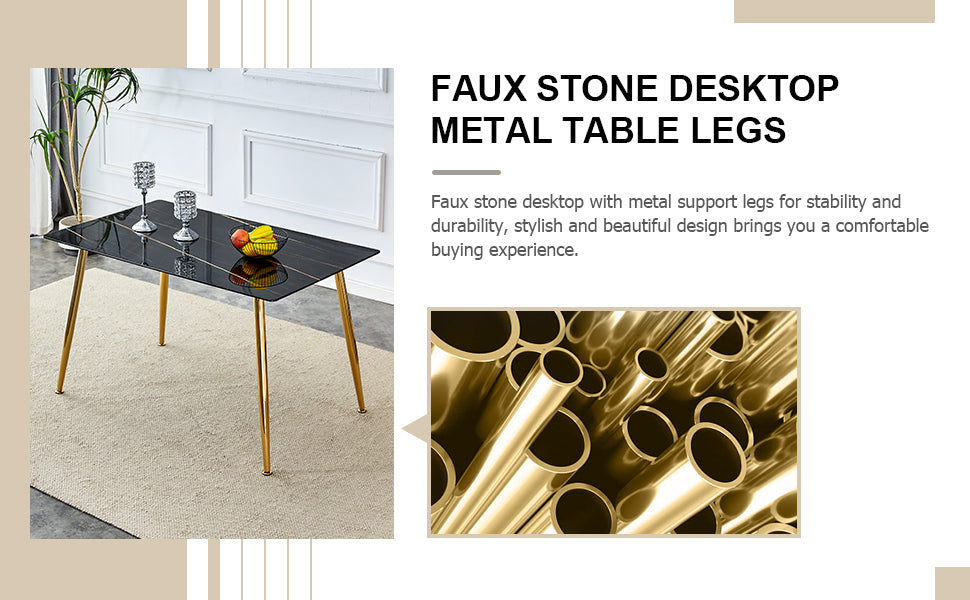 Modern Minimalist Rectangular Black Imitation Marble Dining Table, 0.3 Inches Thick, Gold Color Metal Legs, Suitable For Kitchen, Dining Room, And Living Room 51.2"* 31.5" * 29.8 "Dt 1544 Black Glass