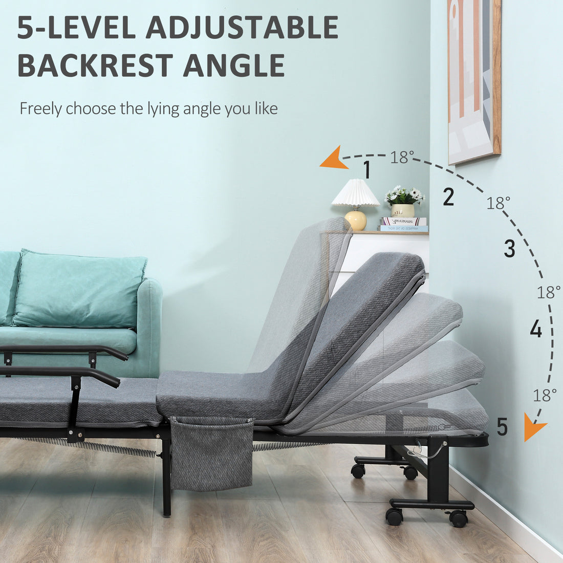 Rollaway Bed, Folding Bed With 3.25" Mattress, Portable Foldable Guest Bed With Adjustable Backrest, And Metal Frame On Wheels, Dark Grey Dark Grey Steel