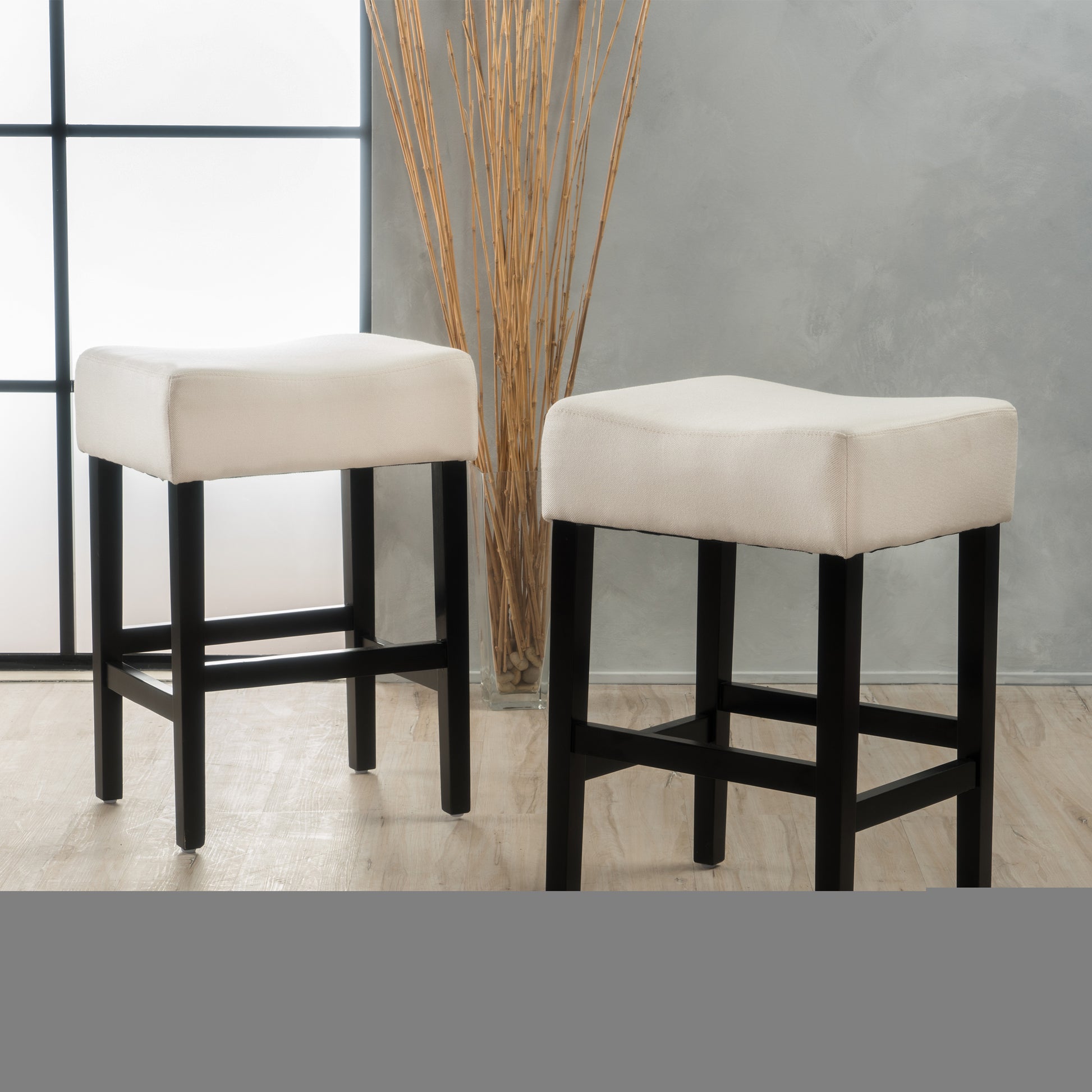 Set Of 2, 26.75" Backless Leather Counter Height Barstool, Beige Beige Fabric