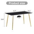 Modern Minimalist Rectangular Black Imitation Marble Dining Table, 0.3 Inches Thick, Gold Color Metal Legs, Suitable For Kitchen, Dining Room, And Living Room 51.2