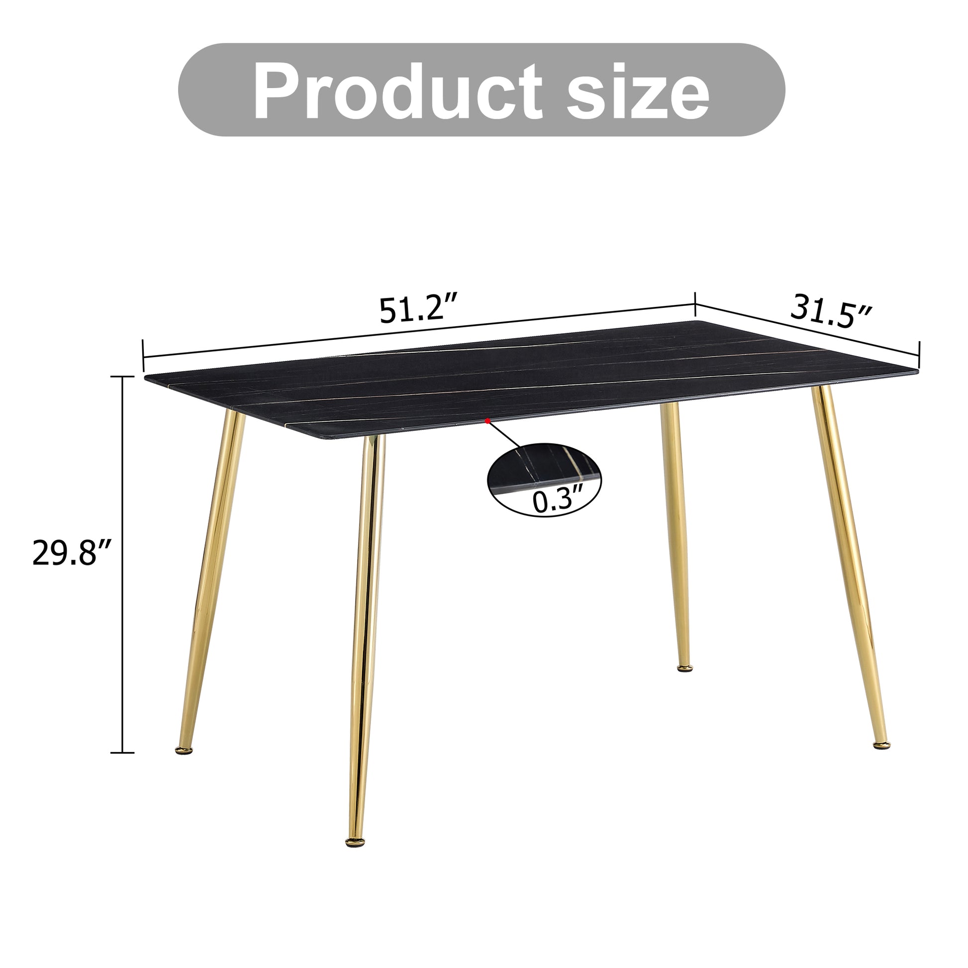 Modern Minimalist Rectangular Black Imitation Marble Dining Table, 0.3 Inches Thick, Gold Color Metal Legs, Suitable For Kitchen, Dining Room, And Living Room 51.2"* 31.5" * 29.8 "Dt 1544 Black Glass