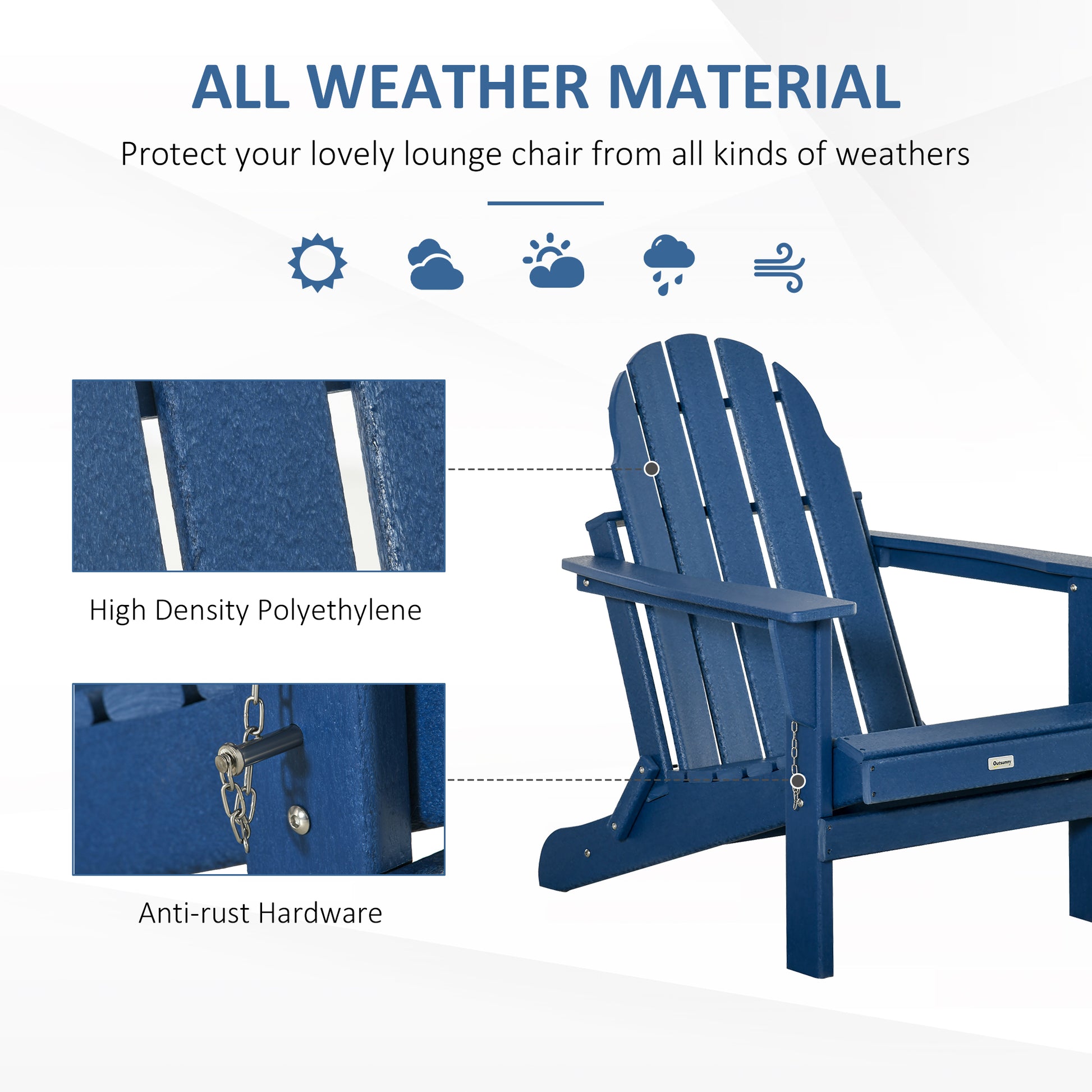 Folding Adirondack Chair, Faux Wood Patio & Fire Pit Chair, Weather Resistant Hdpe For Deck, Outside Garden, Porch, Backyard, Blue Blue Hdpe