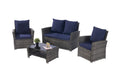 4 Pieces Outdoor Patio Furniture Sets Garden Rattan Chair Wicker Set, Poolside Lawn Chairs With Tempered Glass Coffee Table Porch Furniture, Gray Rattan Dark Blue Color Cushion Yes Complete Patio Set Dark Gray Water Resistant Frame Water Resistant