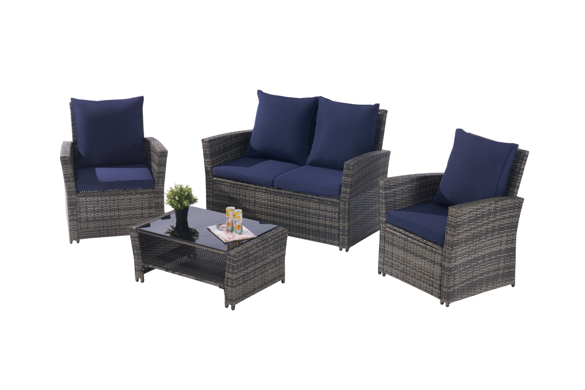 4 Pieces Outdoor Patio Furniture Sets Garden Rattan Chair Wicker Set, Poolside Lawn Chairs With Tempered Glass Coffee Table Porch Furniture, Gray Rattan Dark Blue Color Cushion Yes Complete Patio Set Dark Gray Water Resistant Frame Water Resistant