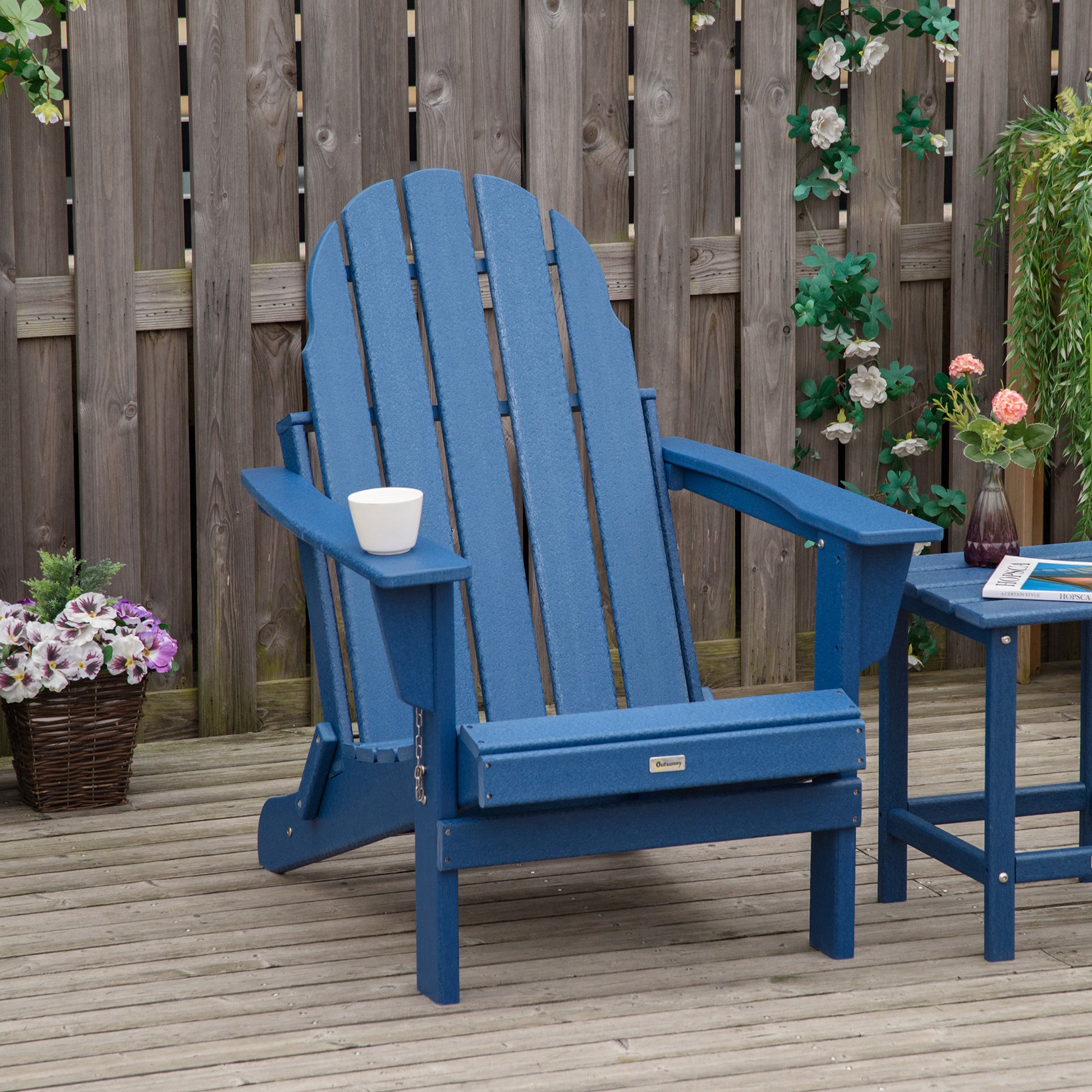 Folding Adirondack Chair, Faux Wood Patio & Fire Pit Chair, Weather Resistant Hdpe For Deck, Outside Garden, Porch, Backyard, Blue Blue Hdpe