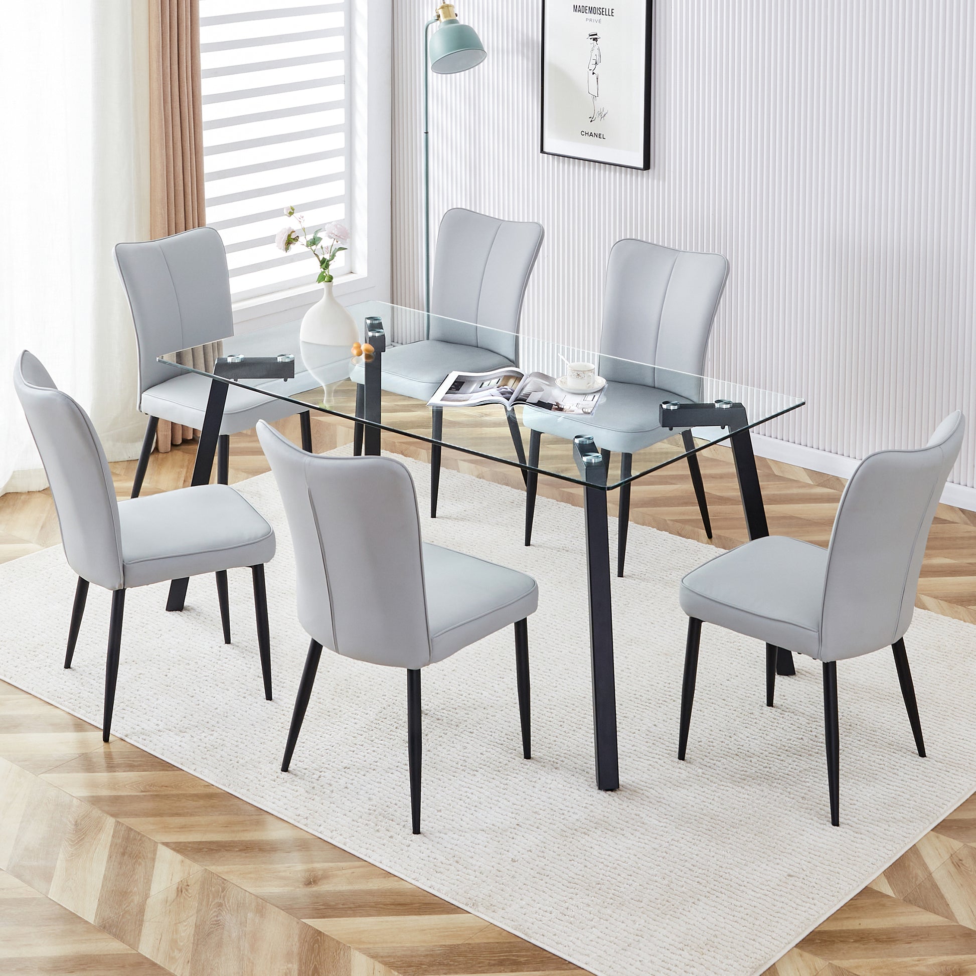 Table And Chair Set. 1 Table And 4 Light Grey Chairs. Glass Dining Table With 0.31 Inch Tempered Glass Tabletop And Black Coated Metal Legs. Equipped With Light Grey Pu Chairs 1123 008 Transparent Glass