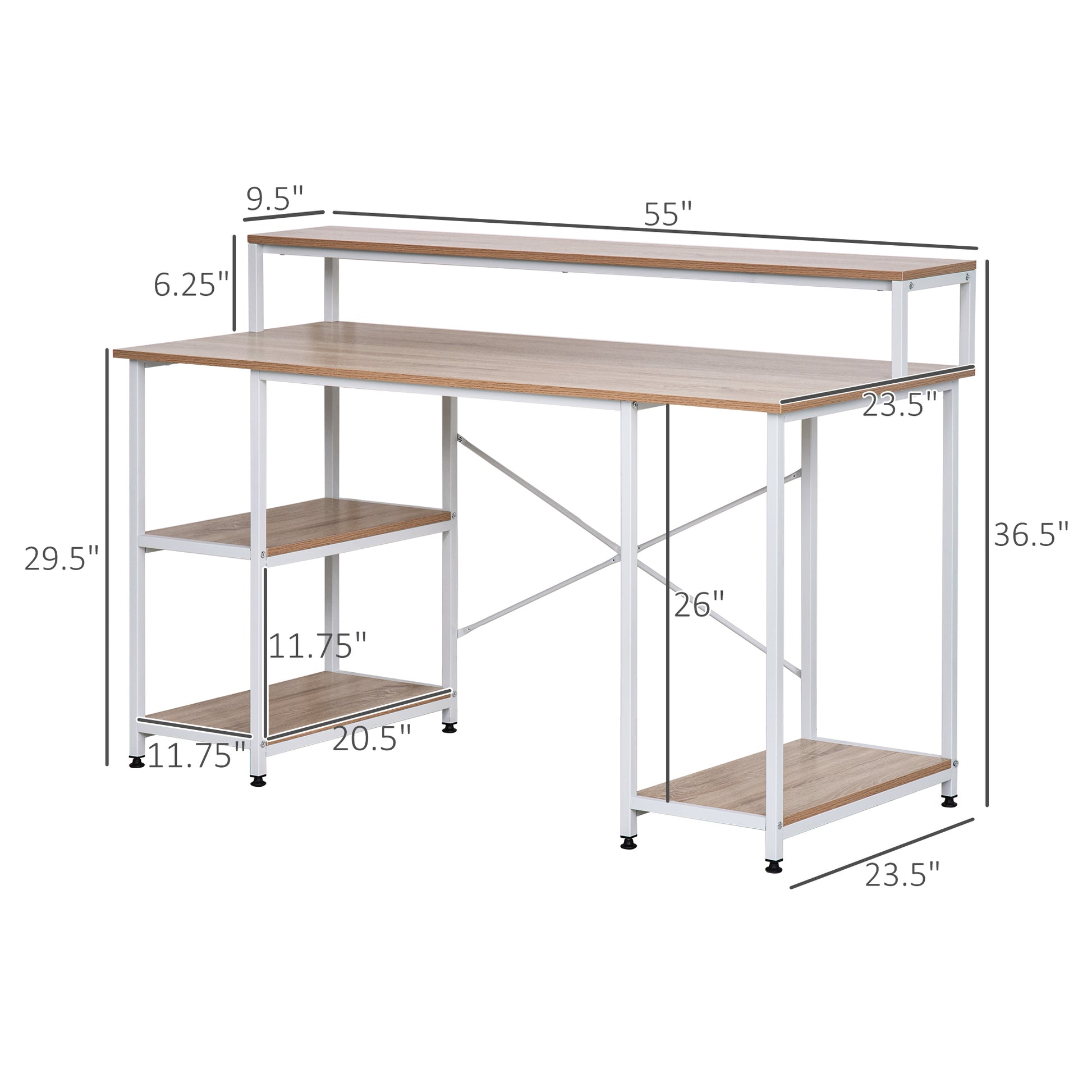 55 Inch Home Office Computer Desk Study Writing Workstation With Storage Shelves, Elevated Monitor Shelf, Cpu Stand, Durable X Shaped Construction, Oak Wood Grain Oak Engineered Wood