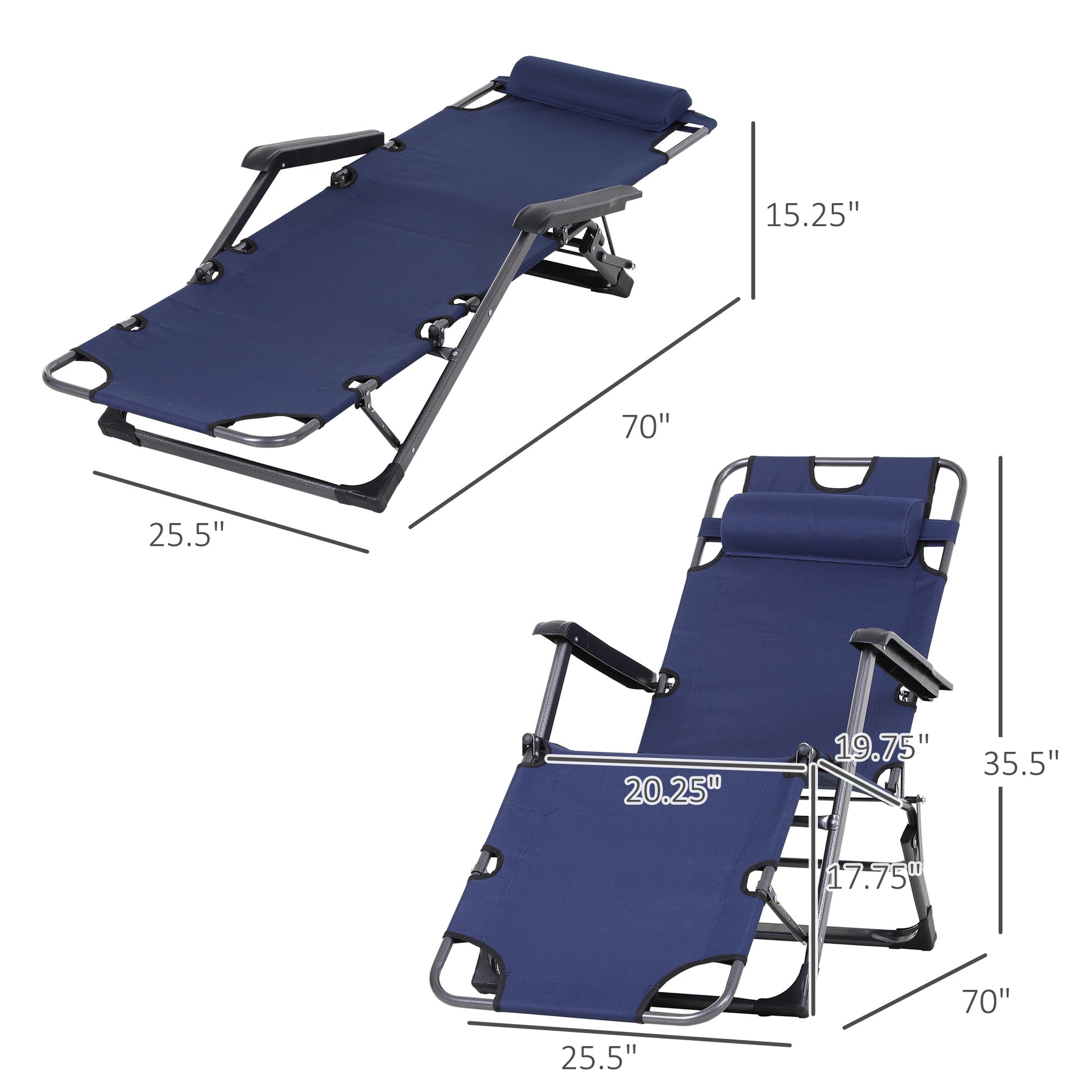 Tanning Chair, 2 In 1 Beach Lounge Chair & Camping Chair W Pillow & Pocket, Adjustable Chaise For Sunbathing Outside, Patio, Poolside, Navy Navy Metal