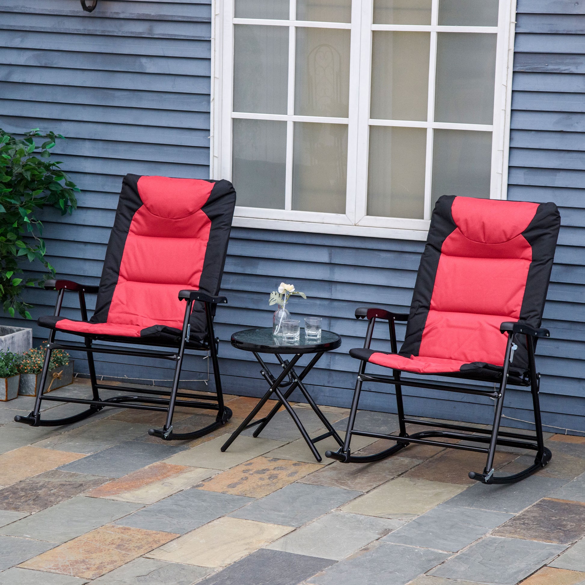 3 Piece Outdoor Patio Furniture Set With Glass Coffee Table & 2 Folding Padded Rocking Chairs, Bistro Style For Porch, Camping, Balcony, Red Red Metal