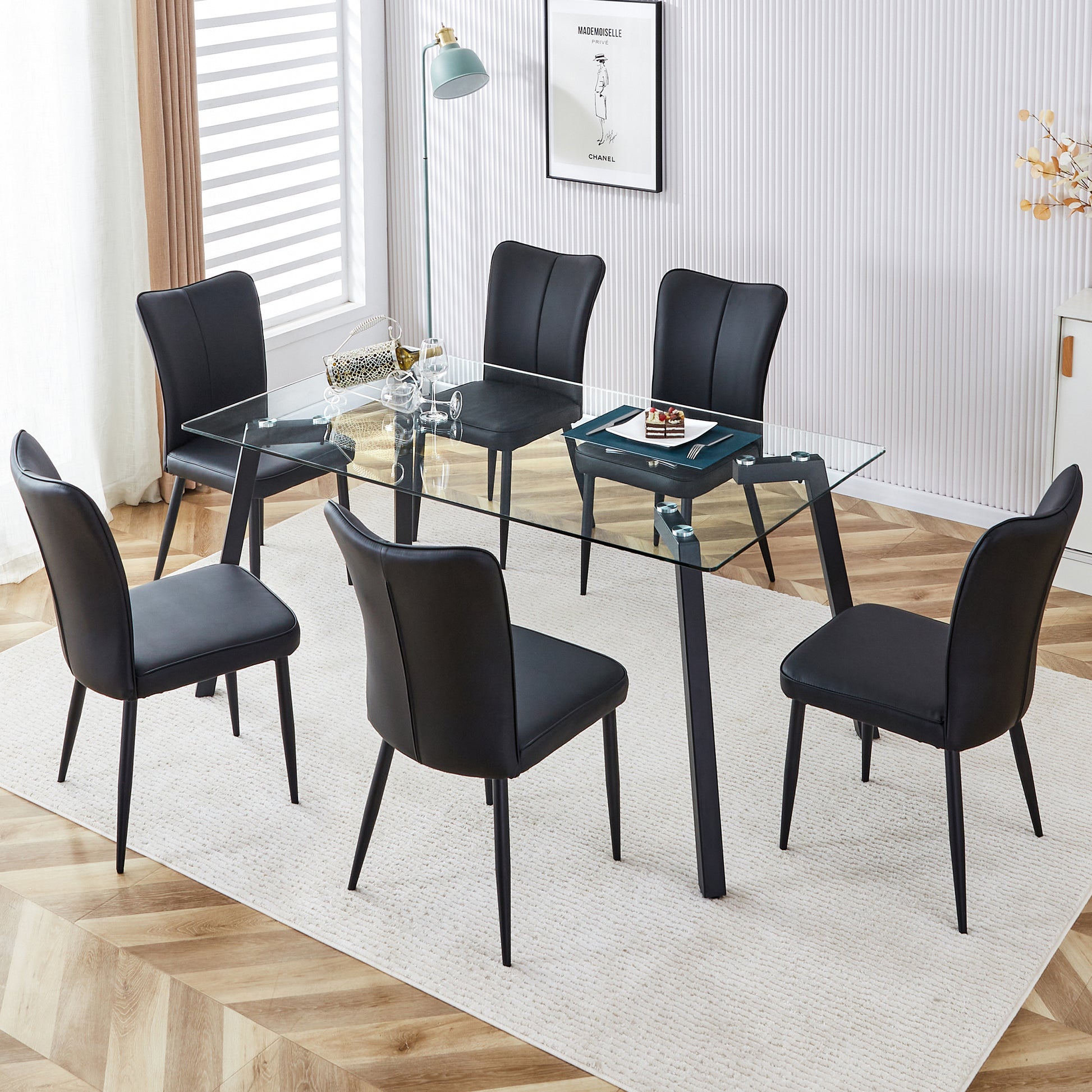 Table And Chair Set. 1 Table And 4 Black Chairs. Glass Dining Table With 0.31 Inch Tempered Glass Tabletop And Black Coated Metal Legs. Equipped With Black Pu Chairs 1123 008 Transparent Glass