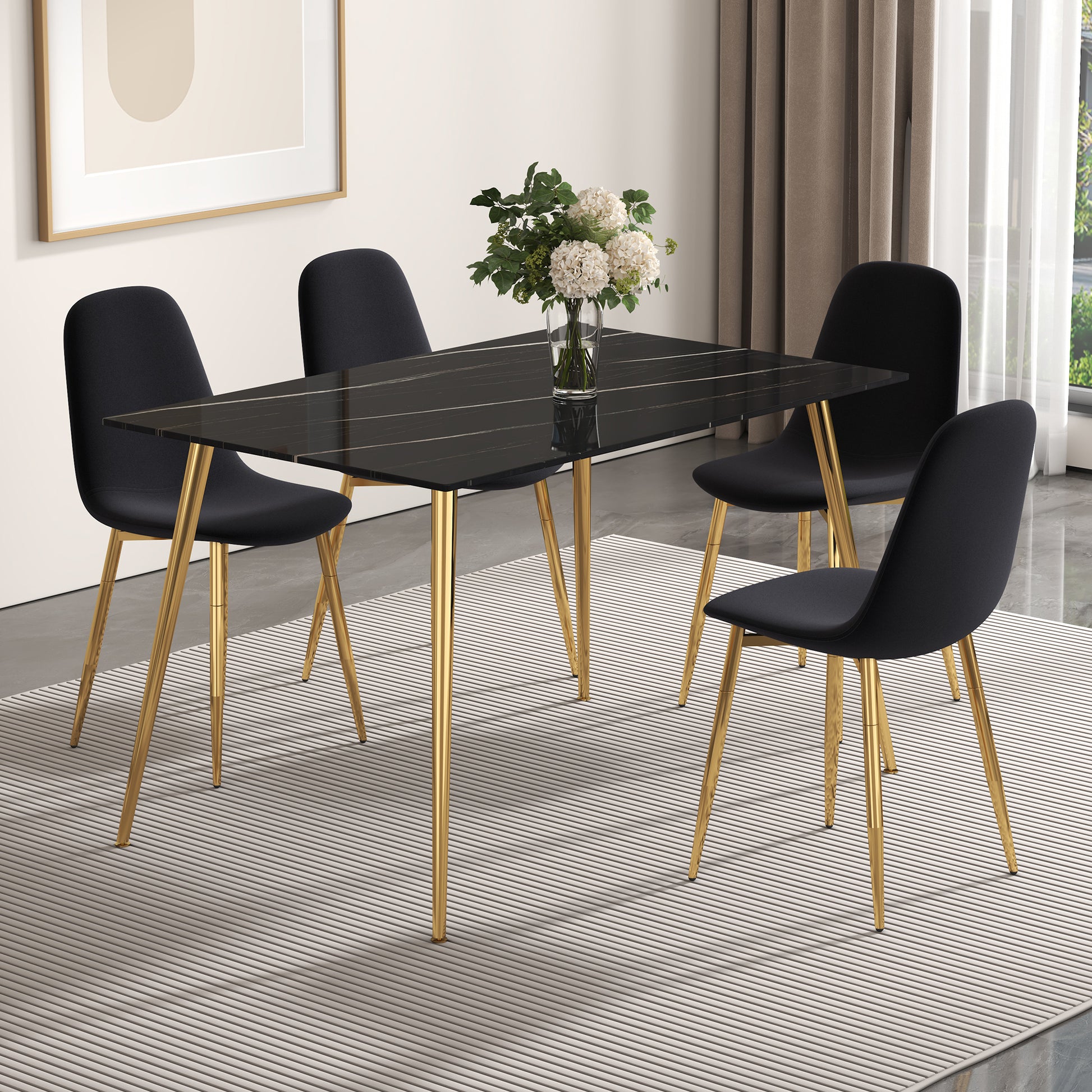 Modern Minimalist Rectangular Black Imitation Marble Dining Table, 0.3 Inches Thick, Gold Color Metal Legs, Suitable For Kitchen, Dining Room, And Living Room 51.2"* 31.5" * 29.8 "Dt 1544 Black Glass