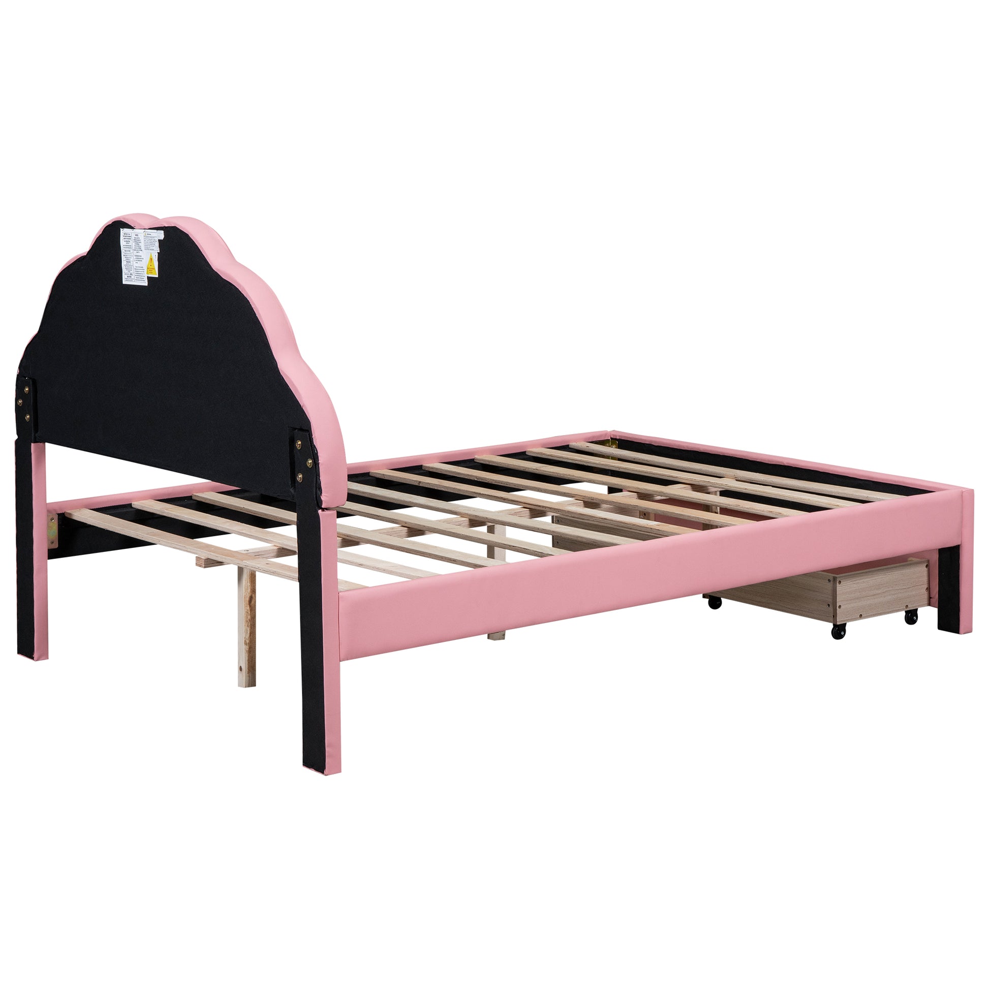 Full Size Upholstered Platform Bed With Seashell Shaped Headboard, Led And 2 Drawers, Pink Box Spring Not Required Full Pink Wood Bedroom Bed Frame Faux Leather Upholstered