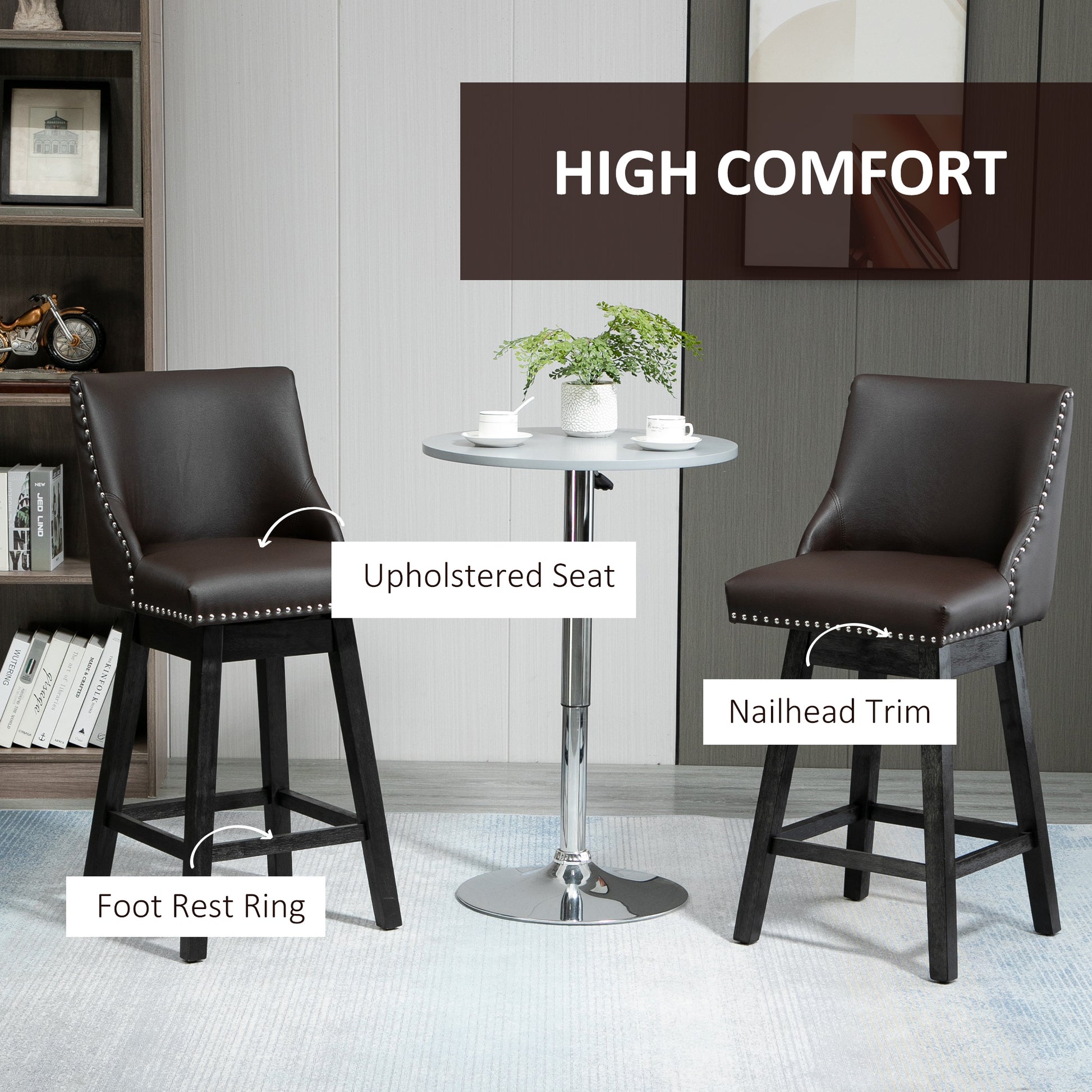 28" Swivel Bar Height Bar Stools Set Of 2, Armless Upholstered Barstools Chairs With Trim And Wood Legs, Brown Brown Pu Leather