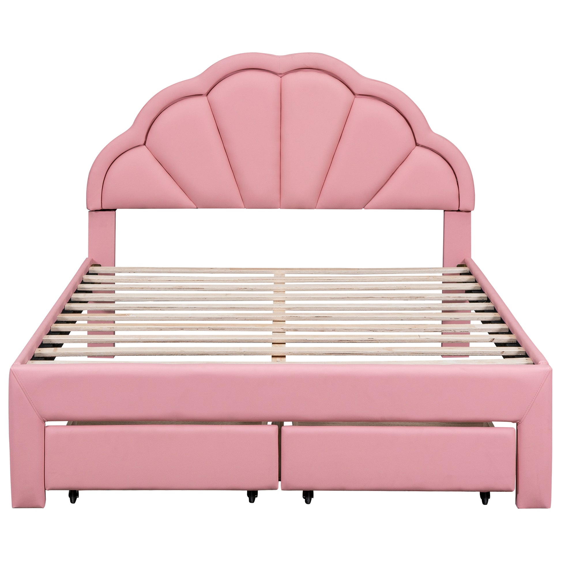 Full Size Upholstered Platform Bed With Seashell Shaped Headboard, Led And 2 Drawers, Pink Box Spring Not Required Full Pink Wood Bedroom Bed Frame Faux Leather Upholstered