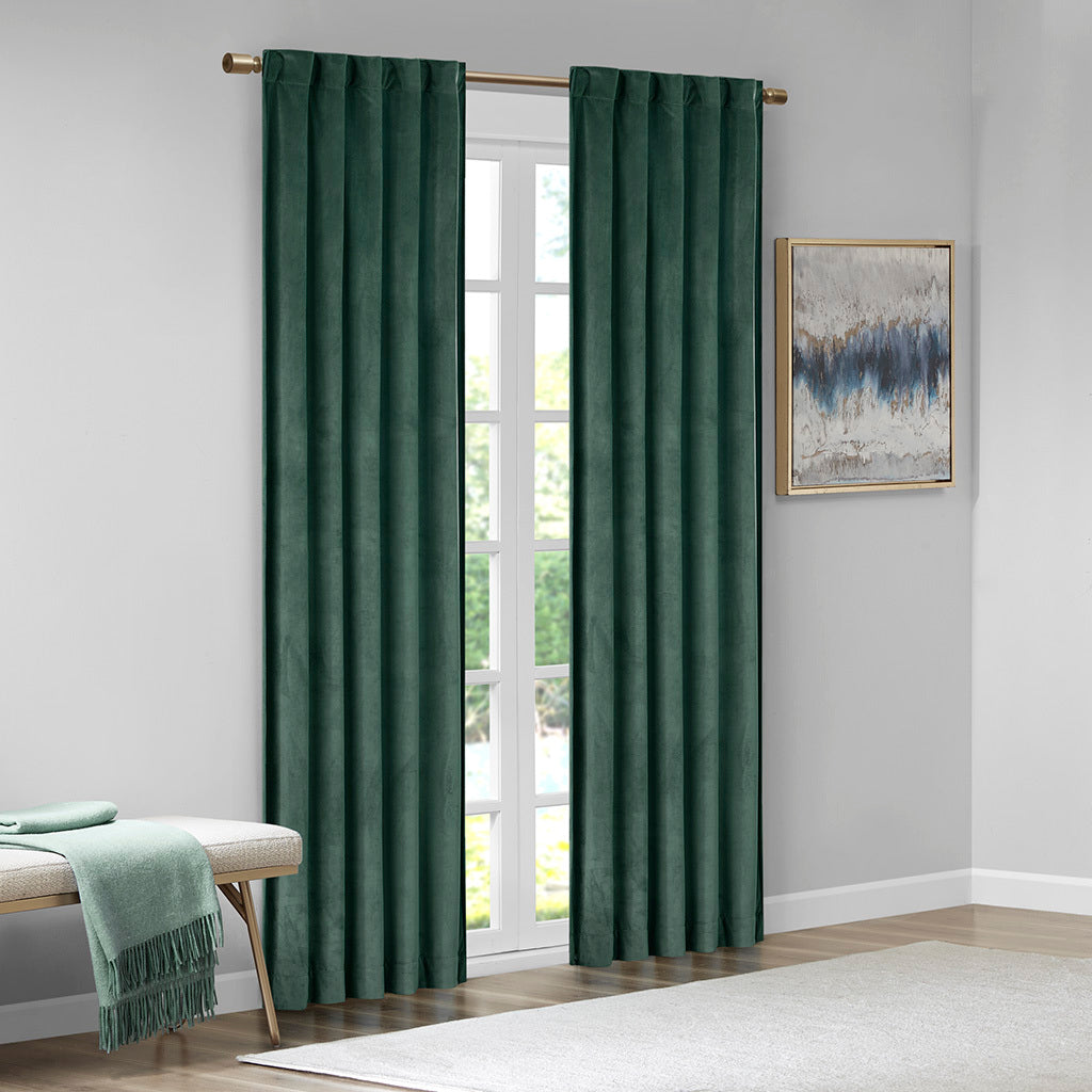 Room Darkening Poly Velvet Rod Pocket Back Tab Curtain Panel Pair 2 Pcs Window Panels Green Polyester