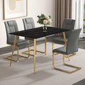 Modern Minimalist Rectangular Black Imitation Marble Dining Table, 0.3 Inches Thick, Gold Color Metal Legs, Suitable For Kitchen, Dining Room, And Living Room 51.2