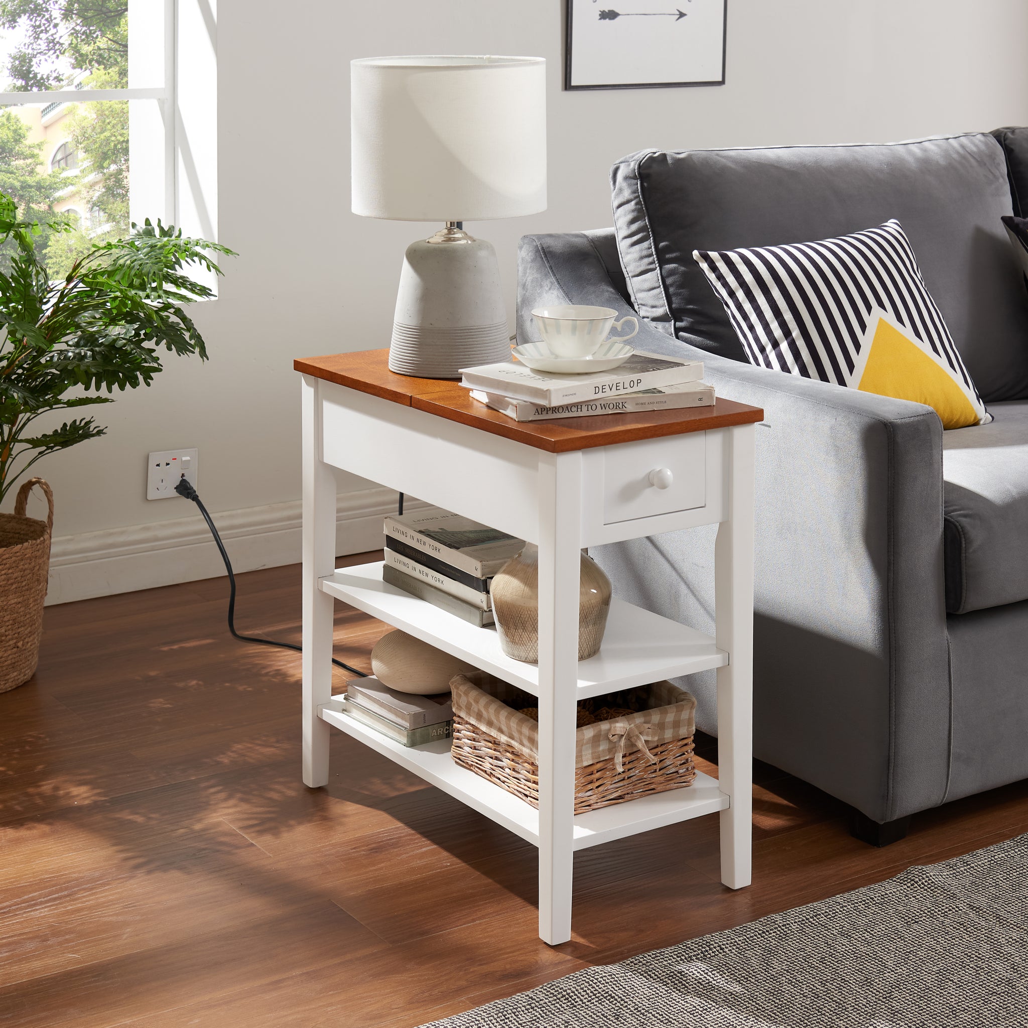 Narrow 2 Tone End Table With Usb Charging Ports For Small Space, Solid Wood Table Legs, White And Walnut, 11.8"W*24"D*24.2"H White Mdf