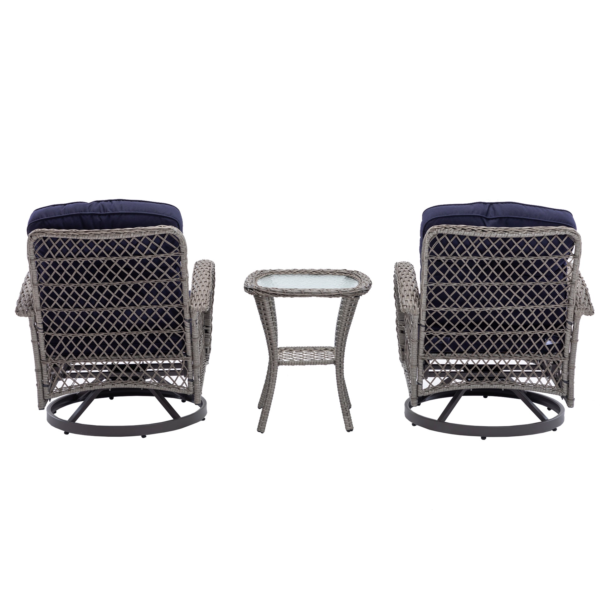 3 Pieces Outdoor Swivel Rocker Patio Chairs, 360 Degree Rocking Patio Conversation Set With Thickened Cushions And Glass Coffee Table For Backyard, Navy Blue Navy Blue Steel